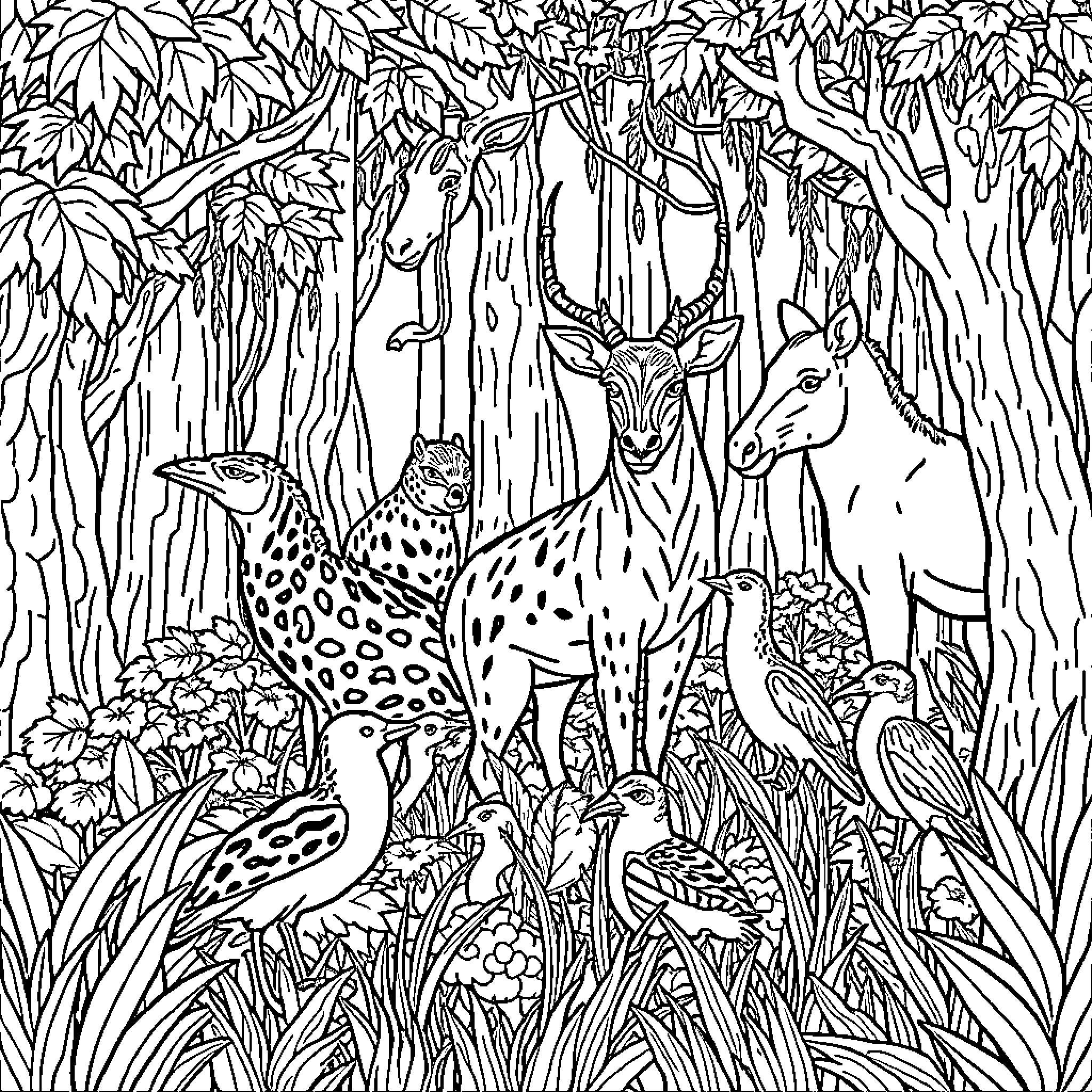 Jungle Animals in a Lush Forest Coloring Page (free black-and-white line drawing printable PDF for all, from beginners to advanced learners, including children, teens, adults, and seniors)