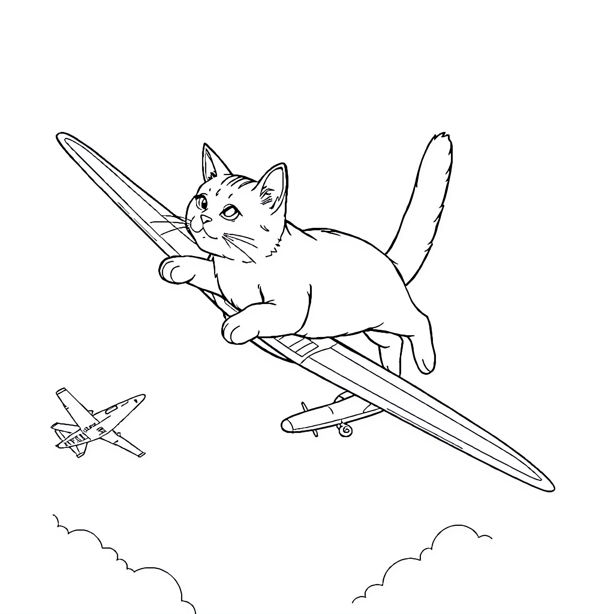 Cat flying a paper airplane through the sky Coloring Page (free black-and-white line drawing printable PDF for all, from beginners to advanced learners, including children, teens, adults, and seniors)