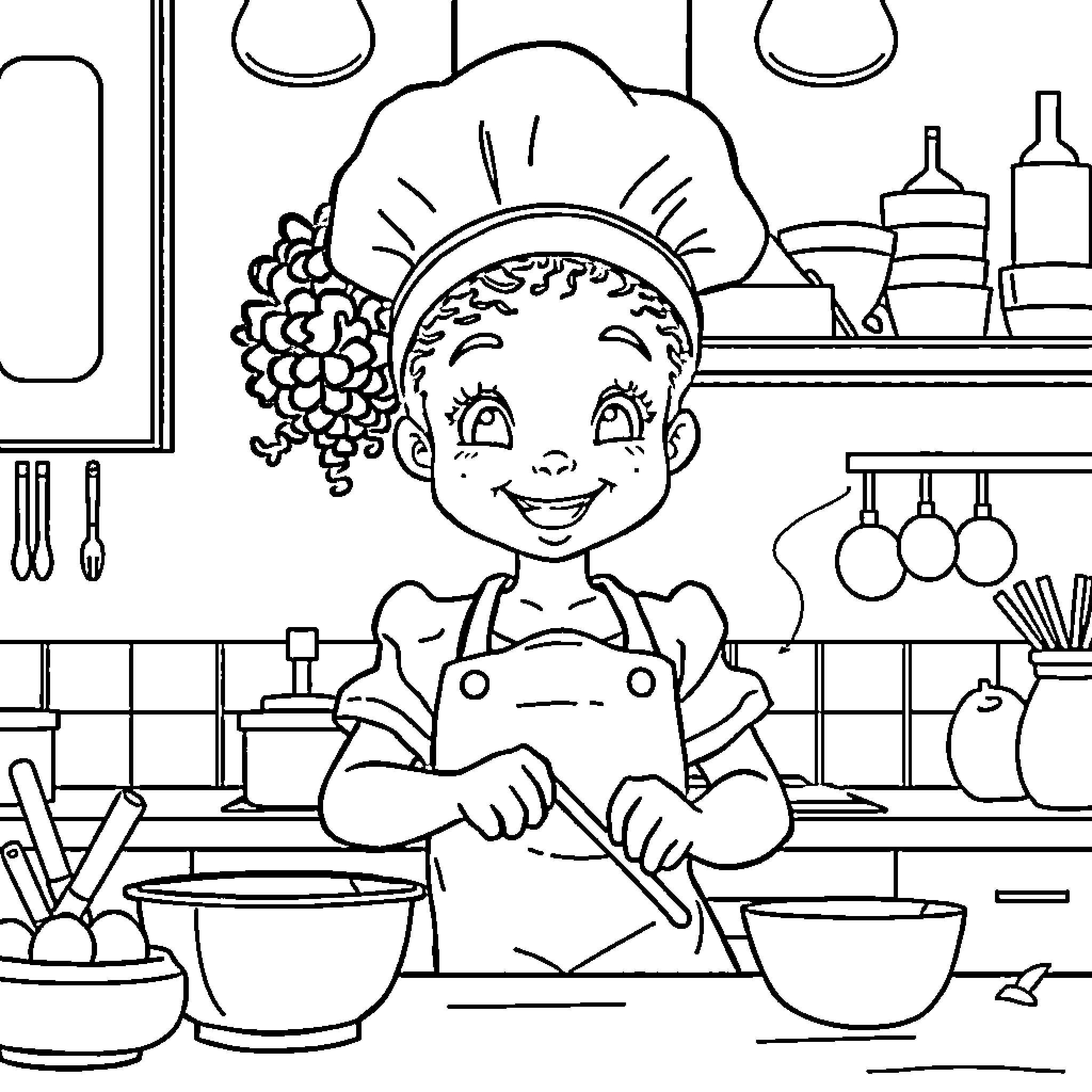 Chef happily cooking in the kitchen Coloring Page (free black-and-white line drawing printable PDF for all, from beginners to advanced learners, including children, teens, adults, and seniors)