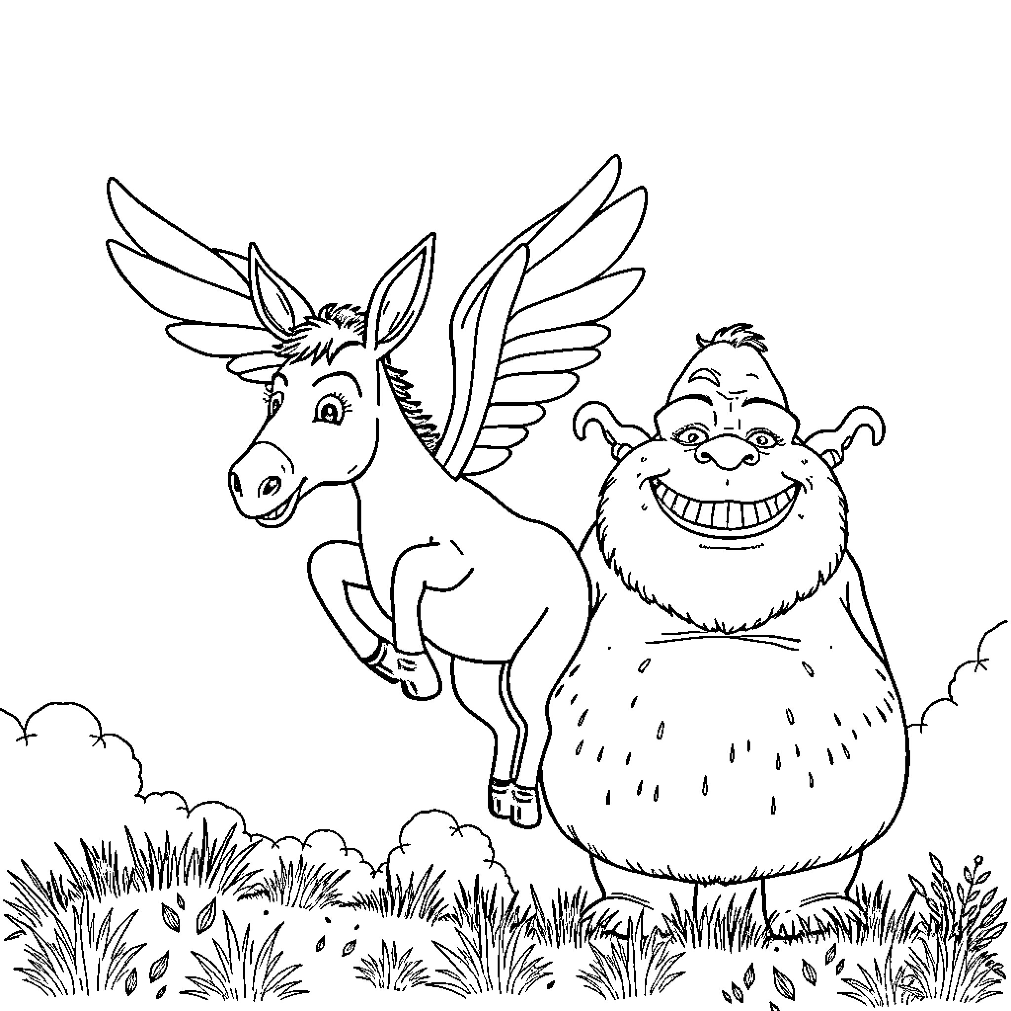 Donkey and Troll Exploring Grassy Meadow Coloring Page (free black-and-white line drawing printable PDF for all, from beginners to advanced learners, including children, teens, adults, and seniors)