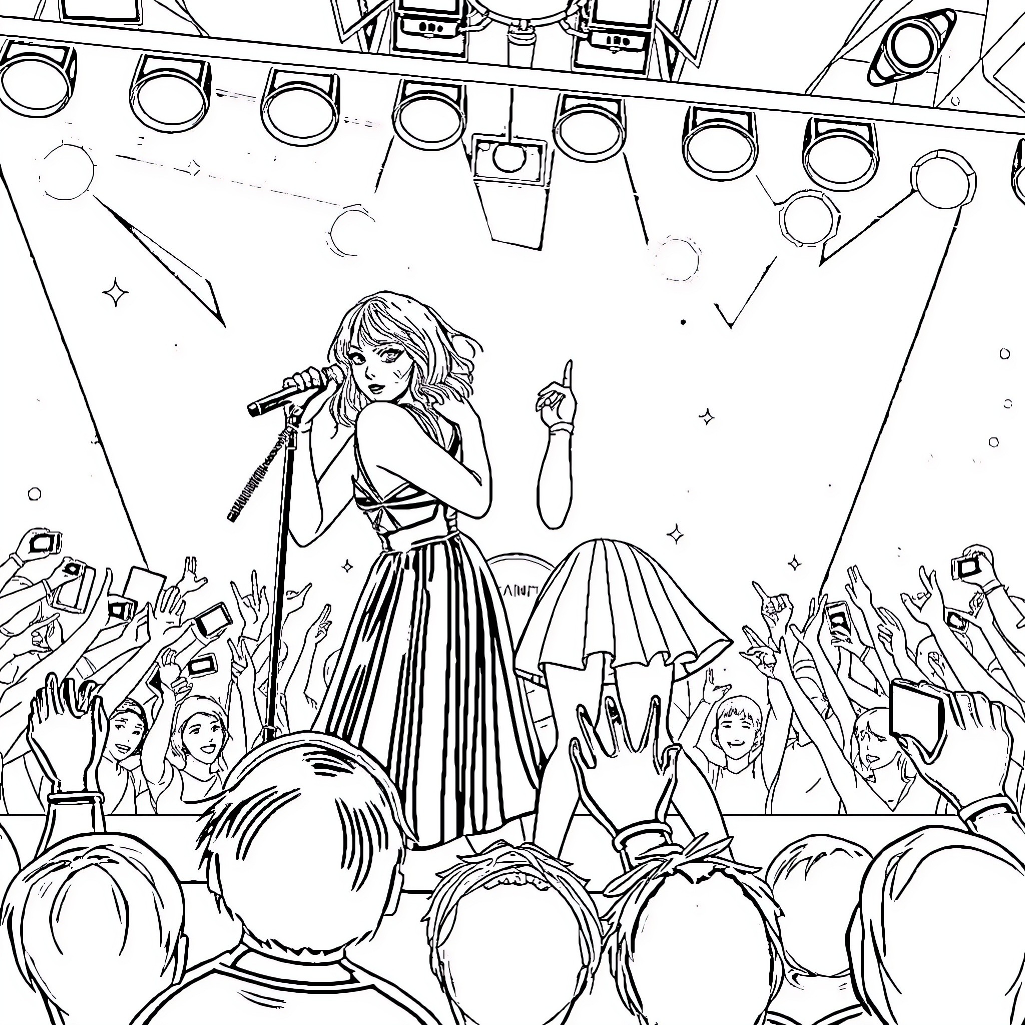 Taylor Swift Performing on Stage with Fans Coloring Page (free black-and-white line drawing printable PDF for all, from beginners to advanced learners, including children, teens, adults, and seniors)