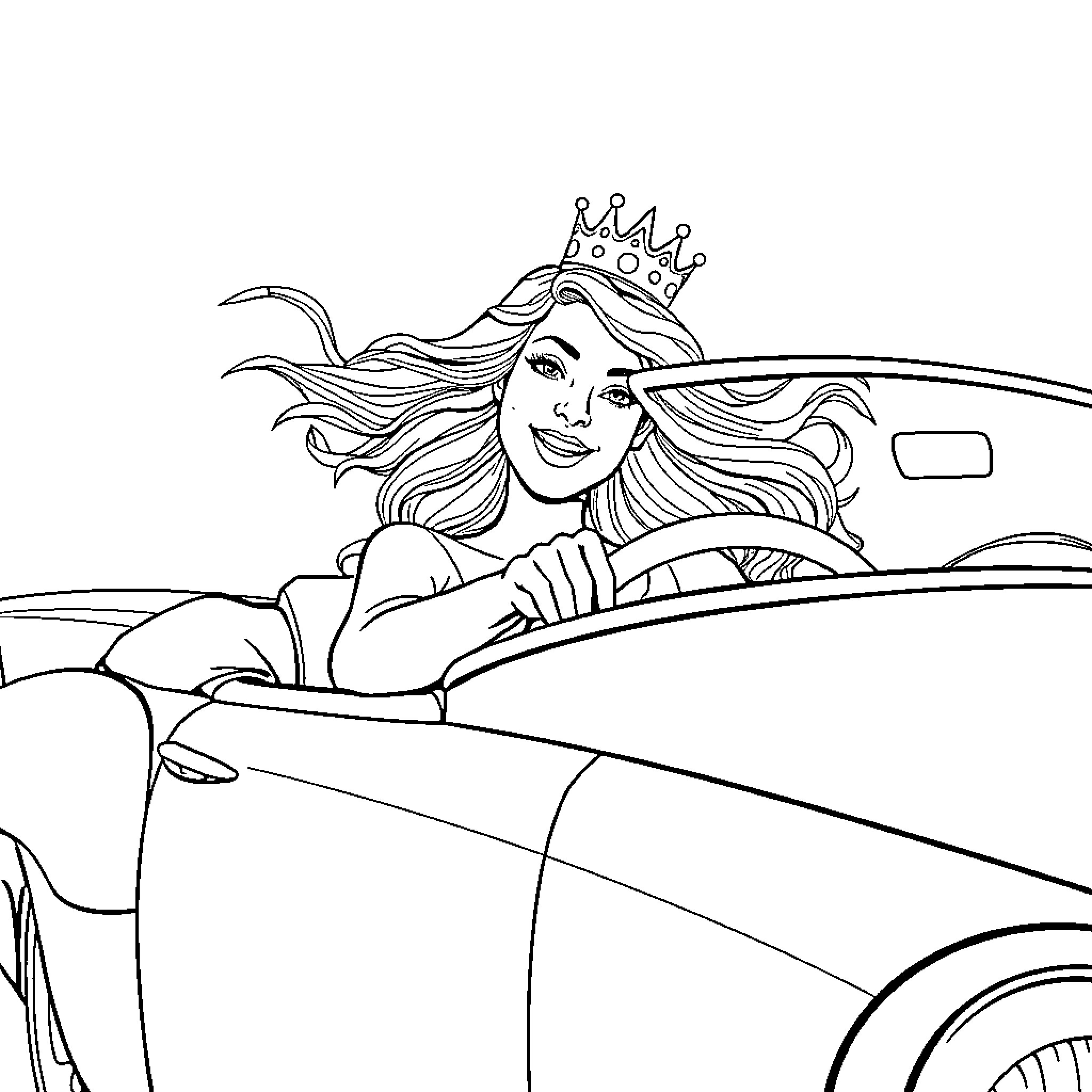 Queen driving her royal car happily Coloring Page (free black-and-white line drawing printable PDF for all, from beginners to advanced learners, including children, teens, adults, and seniors)