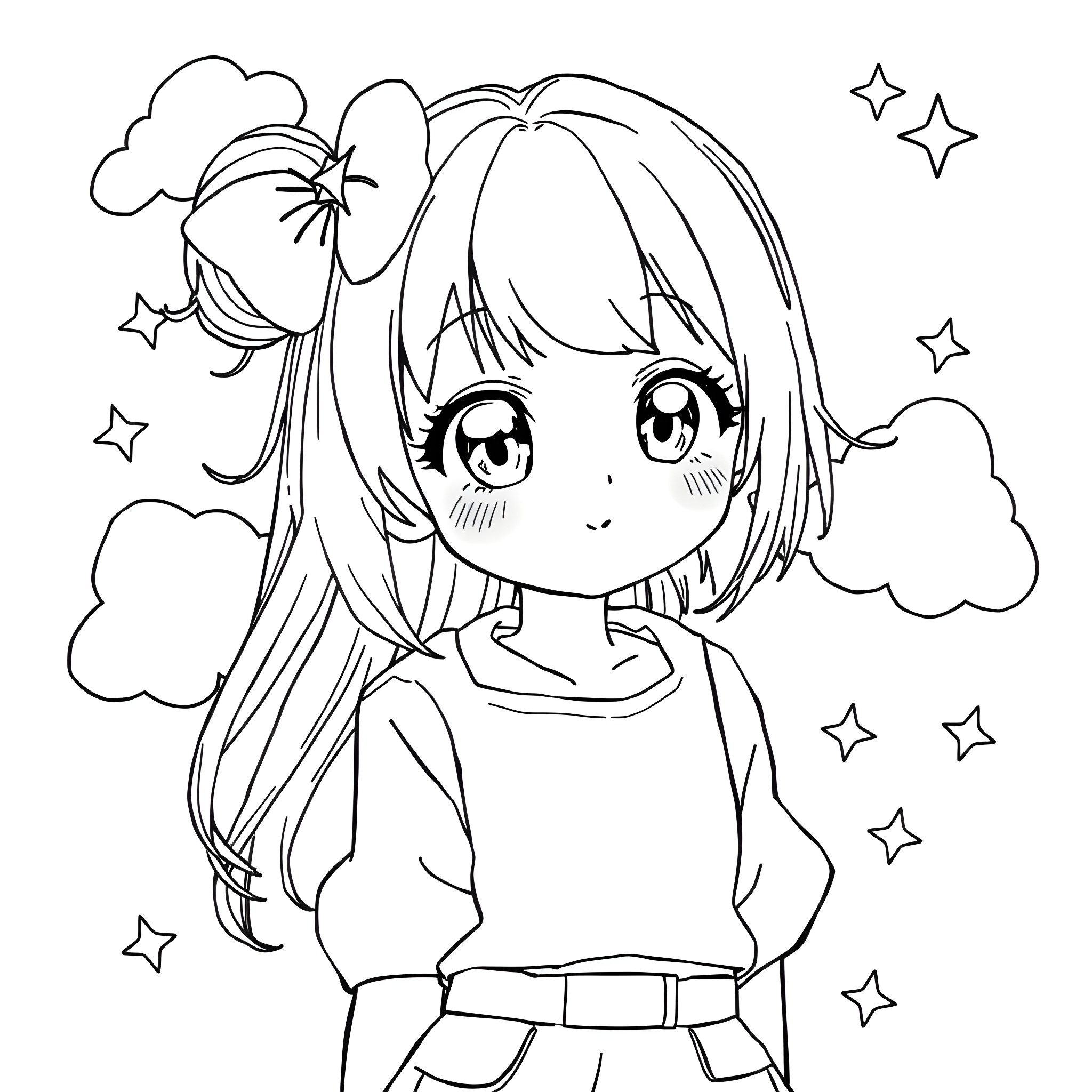 Anime Girl Surrounded by Clouds and Stars Coloring Page (free black-and-white line drawing printable PDF for all, from beginners to advanced learners, including children, teens, adults, and seniors)