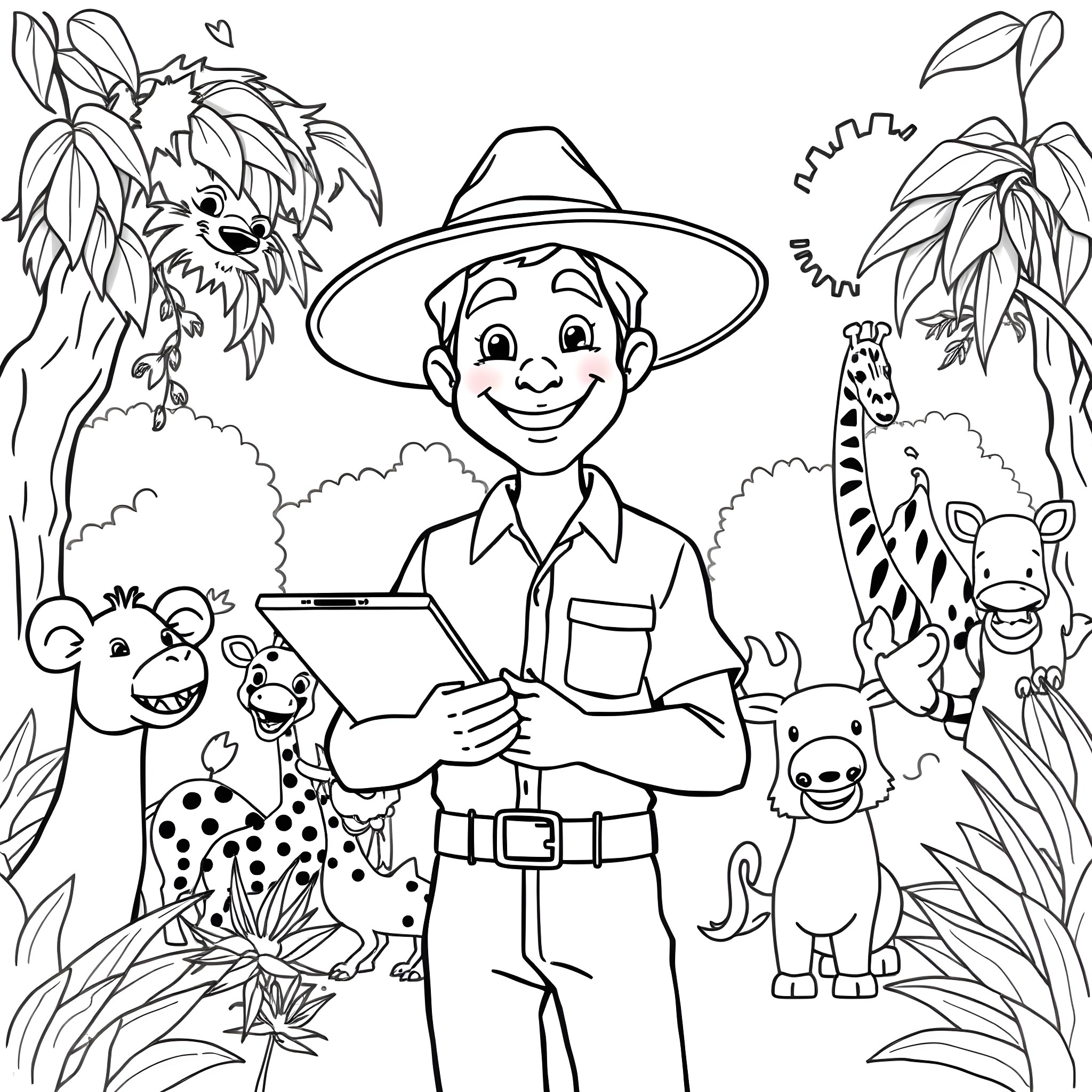 Zookeeper surrounded by friendly animals in the jungle Coloring Page (free black-and-white line drawing printable PDF for all, from beginners to advanced learners, including children, teens, adults, and seniors)
