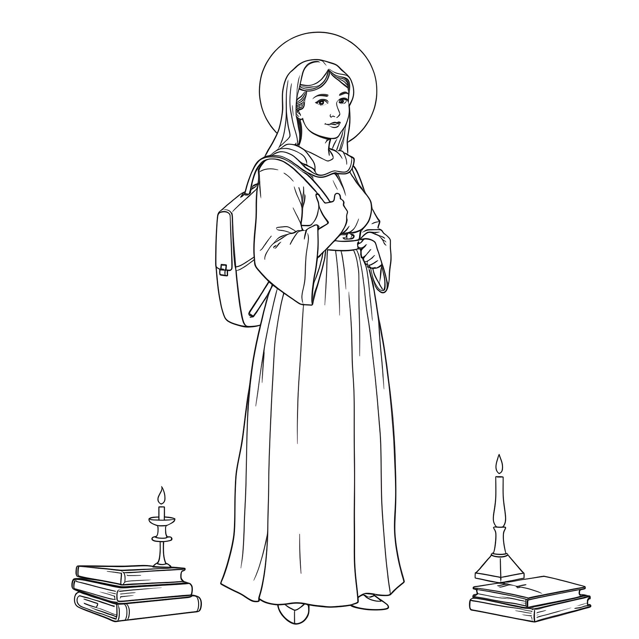 Saint Elizabeth Ann Seton standing with religious books and candles Coloring Page (free black-and-white line drawing printable PDF for all, from beginners to advanced learners, including children, teens, adults, and seniors)