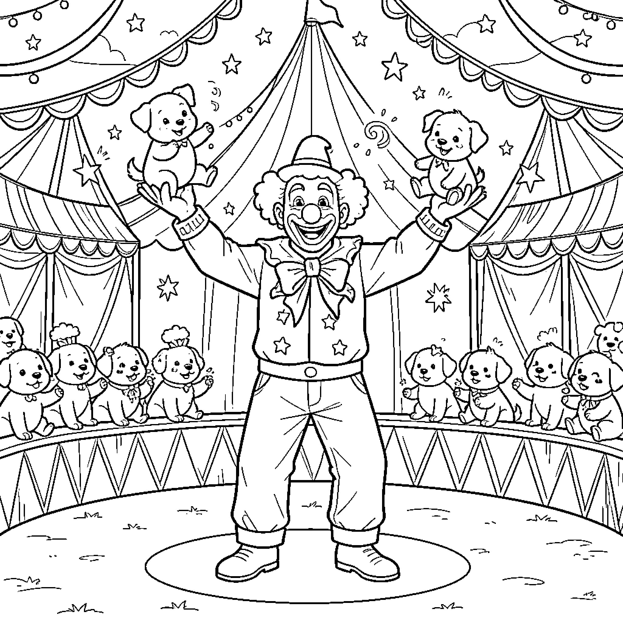 Clown entertains crowd with playful antics in circus Coloring Page (free black-and-white line drawing printable PDF for all, from beginners to advanced learners, including children, teens, adults, and seniors)