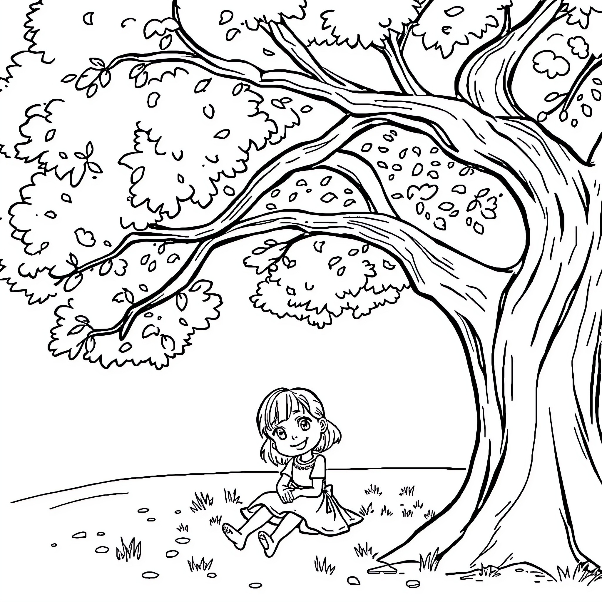 Girl playing joyfully under a tree Coloring Page (free black-and-white line drawing printable PDF for all, from beginners to advanced learners, including children, teens, adults, and seniors)