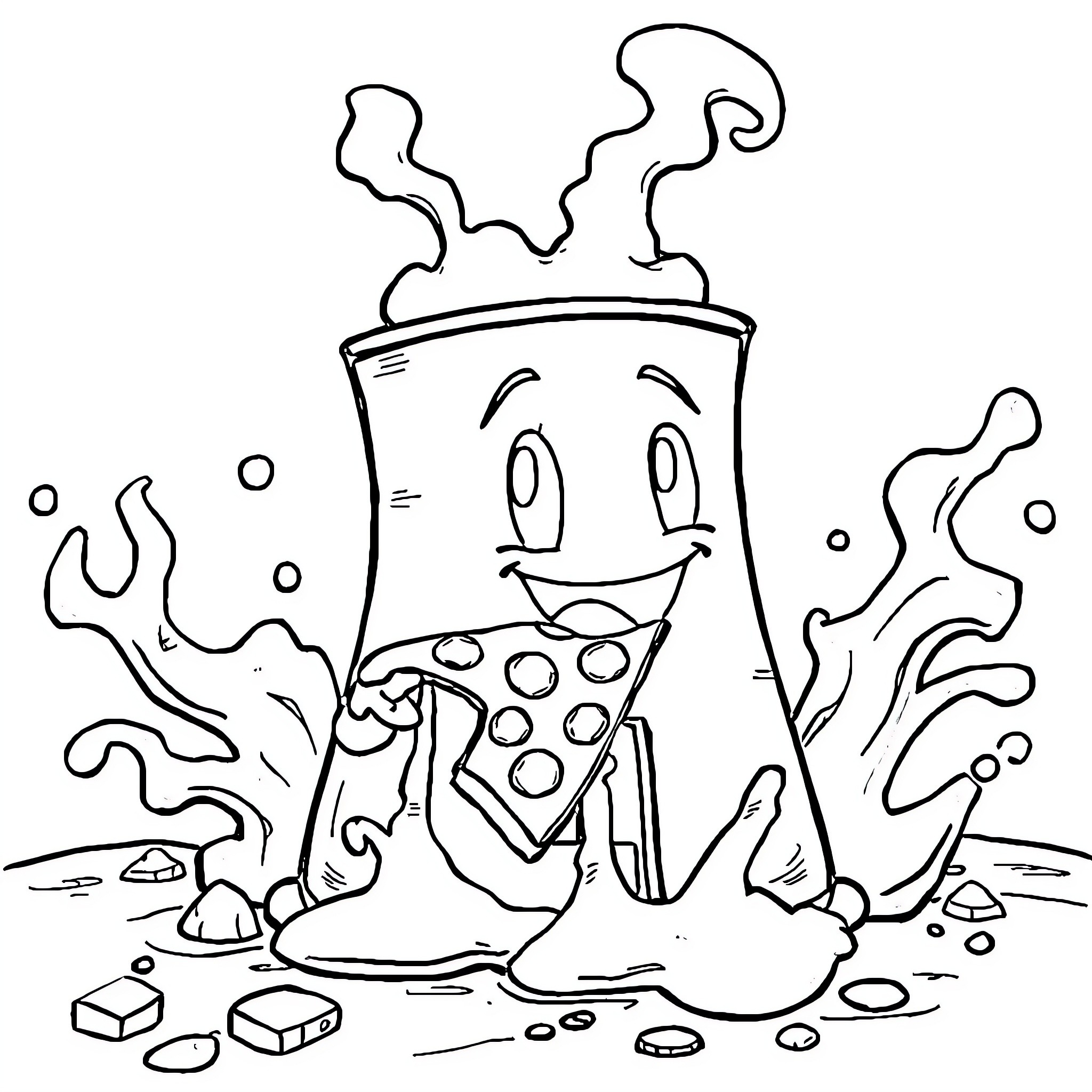 Nuclear Reactor Emitting Colorful Liquids Happily Coloring Page (free black-and-white line drawing printable PDF for all, from beginners to advanced learners, including children, teens, adults, and seniors)