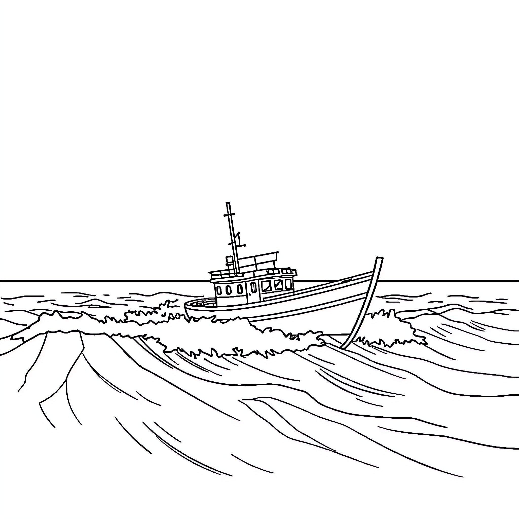 Bateau navigating through the turbulent waves Coloring Page (free black-and-white line drawing printable PDF for all, from beginners to advanced learners, including children, teens, adults, and seniors)