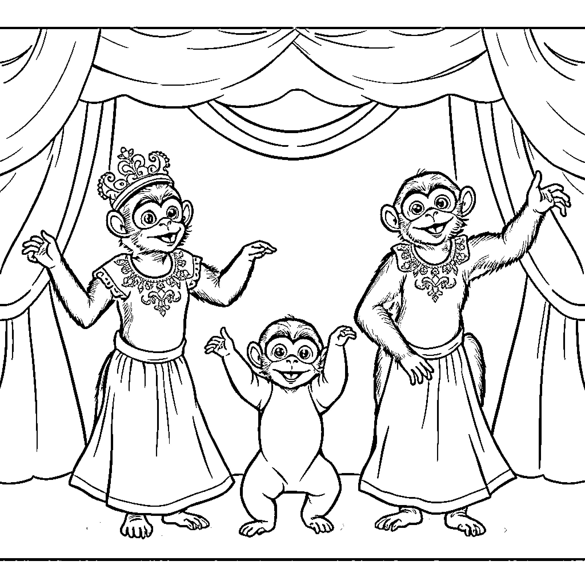 Ballerina Monkeys Performing on Stage Coloring Page (free black-and-white line drawing printable PDF for all, from beginners to advanced learners, including children, teens, adults, and seniors)