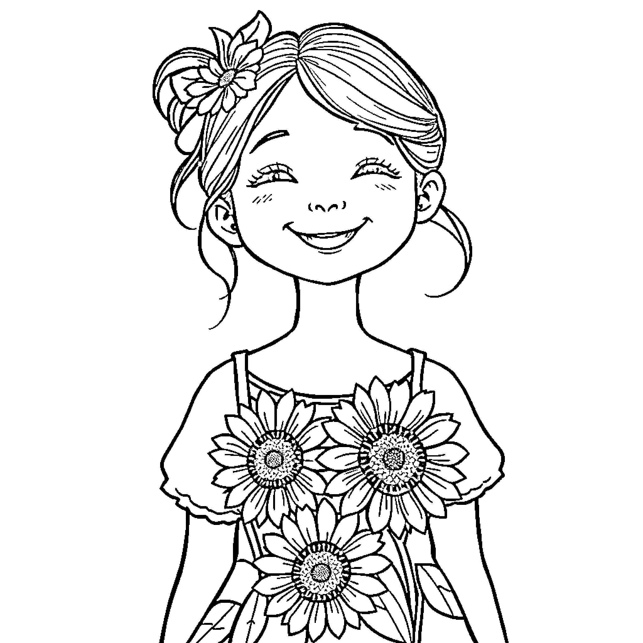 Sunflower girl with happy expression Coloring Page (free black-and-white line drawing printable PDF for all, from beginners to advanced learners, including children, teens, adults, and seniors)