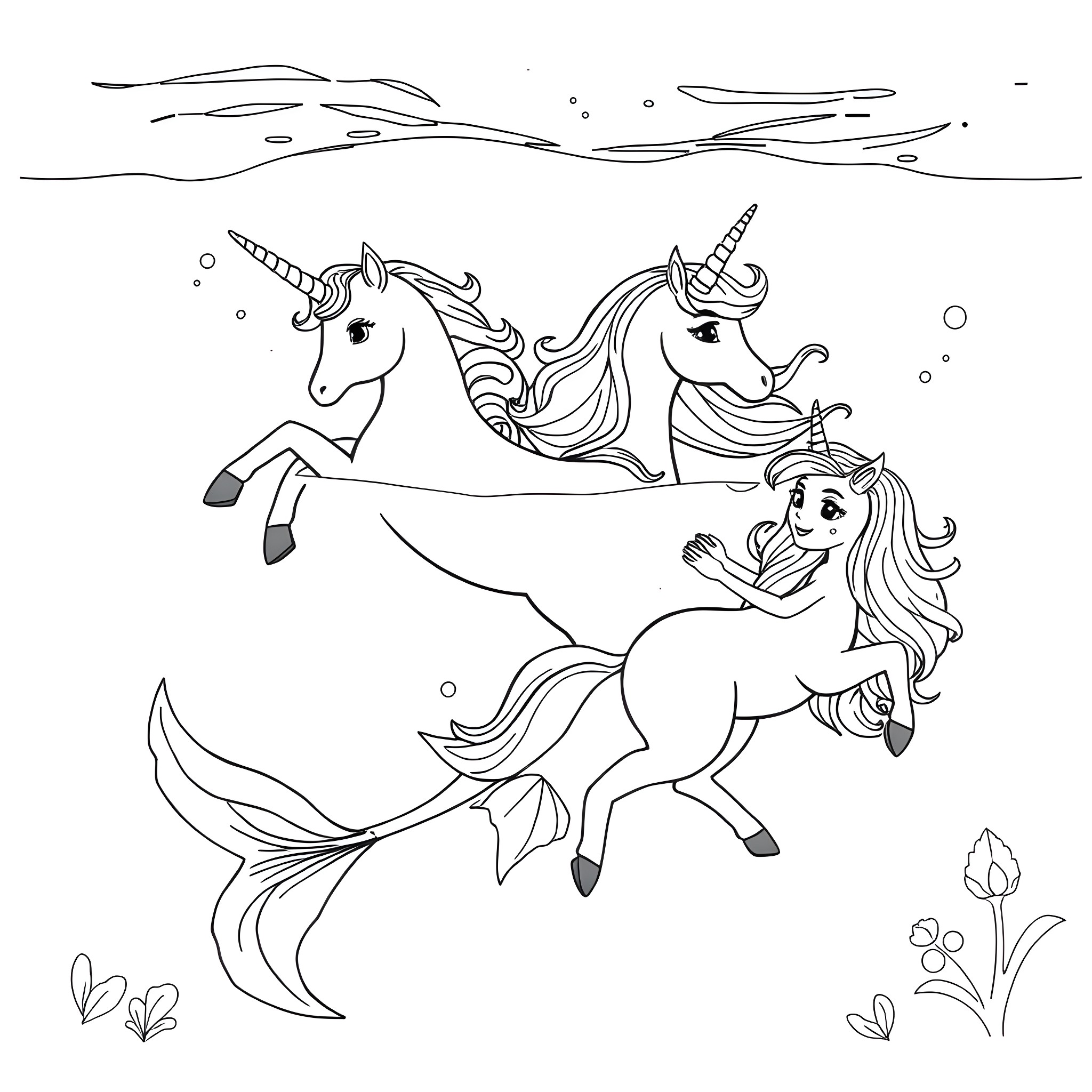 Unicorns swimming joyfully underwater Coloring Page (free black-and-white line drawing printable PDF for all, from beginners to advanced learners, including children, teens, adults, and seniors)