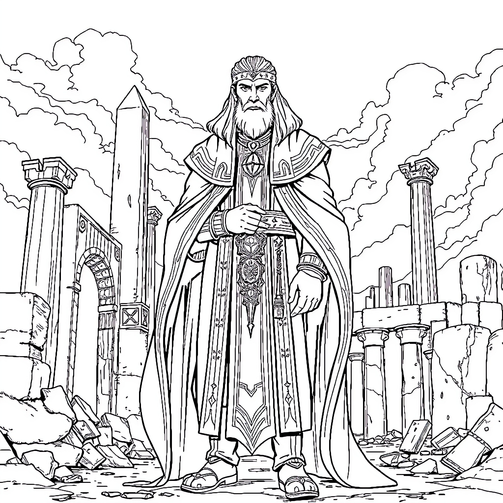 Emet Selch, the Solitary Ruler, Amidst Ruins Coloring Page (free black-and-white line drawing printable PDF for all, from beginners to advanced learners, including children, teens, adults, and seniors)