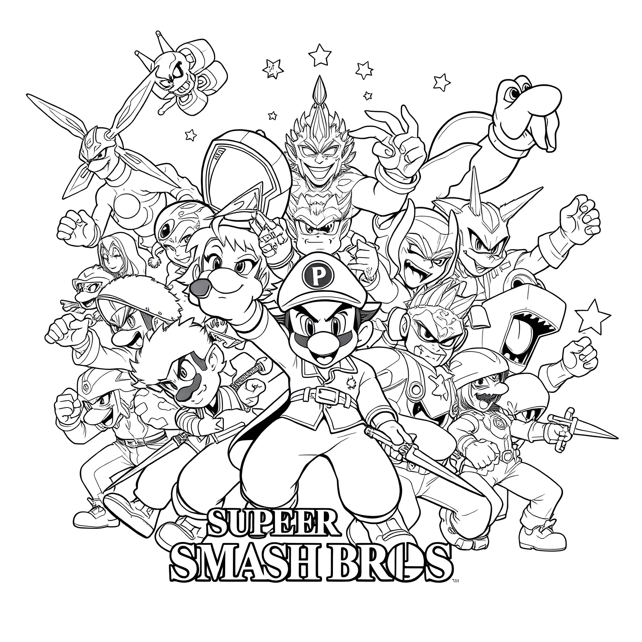 Super Smash Bros Characters in Action Coloring Page (free black-and-white line drawing printable PDF for all, from beginners to advanced learners, including children, teens, adults, and seniors)