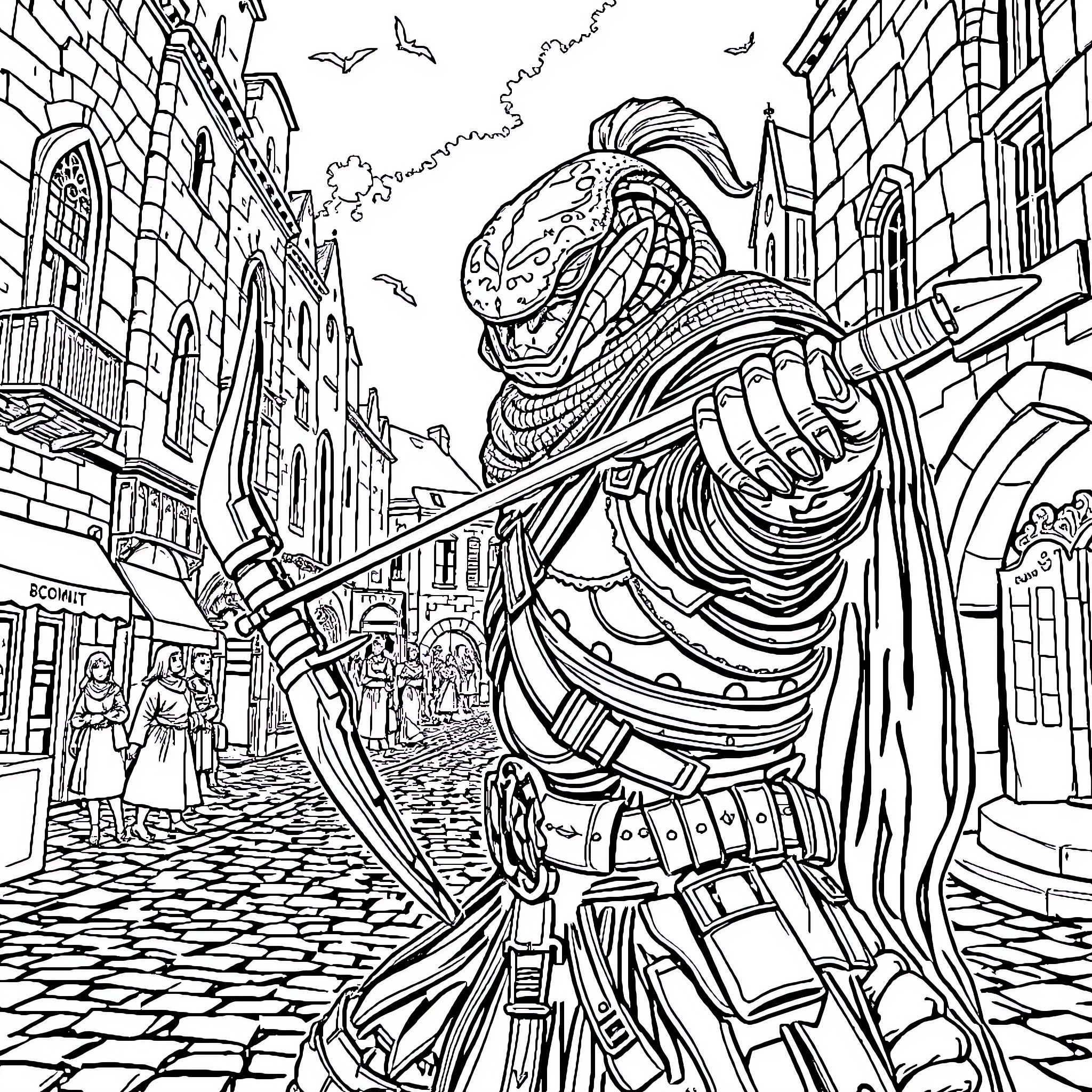 Cobra Knight Stalking the Medieval City Streets Coloring Page (free black-and-white line drawing printable PDF for all, from beginners to advanced learners, including children, teens, adults, and seniors)