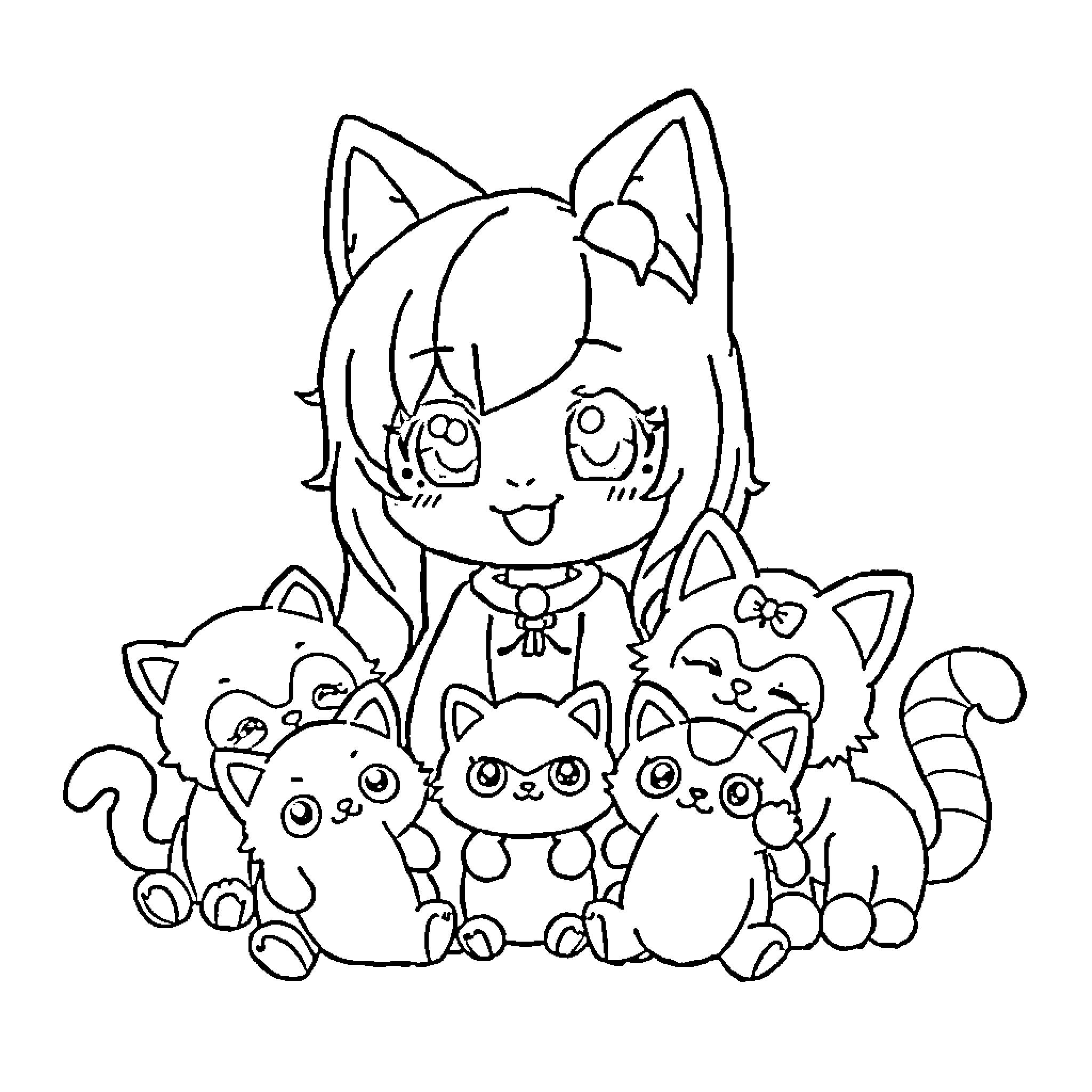 Aphmau surrounded by cute anime-style cats Coloring Page (free black-and-white line drawing printable PDF for all, from beginners to advanced learners, including children, teens, adults, and seniors)