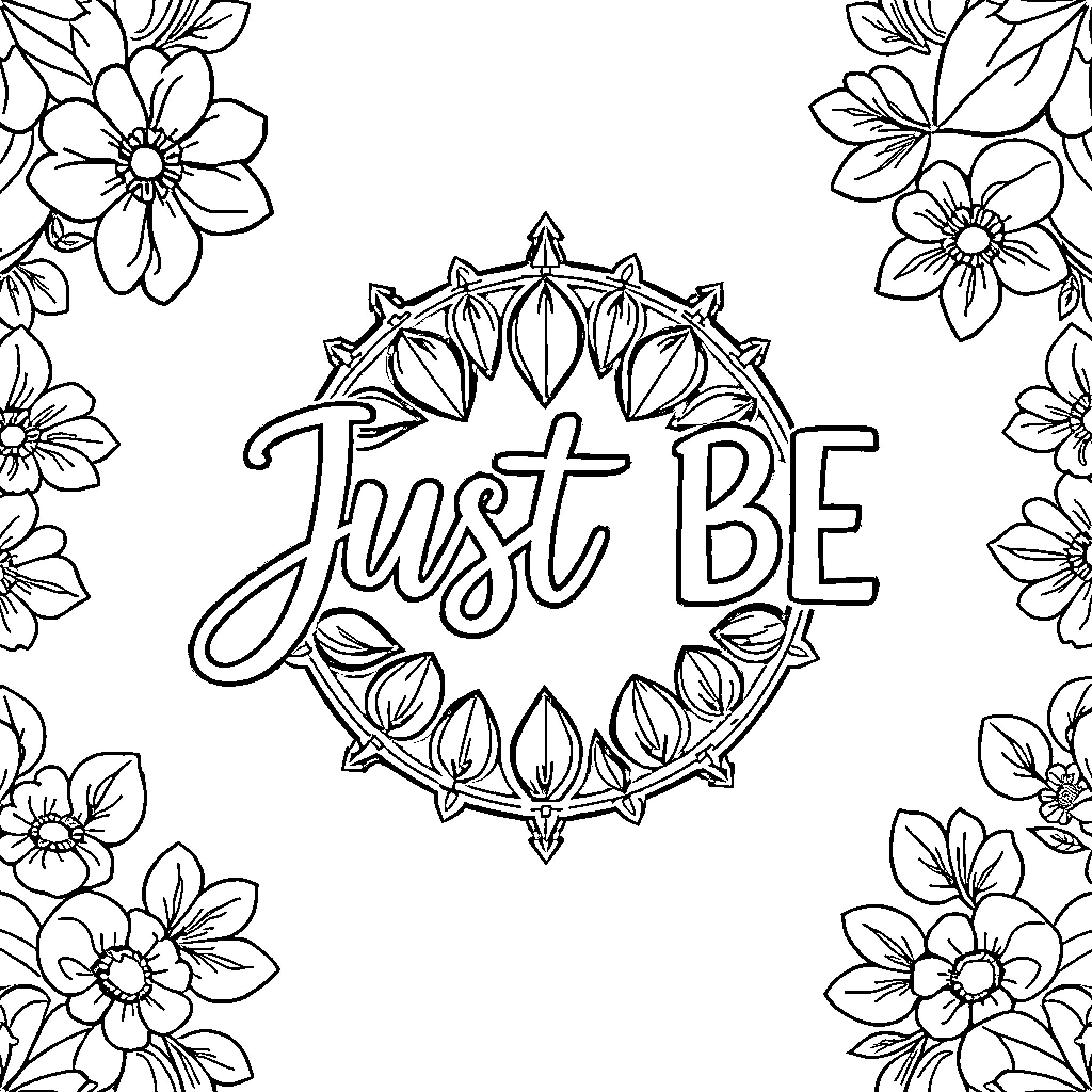 Wellness Inspirational Message with Floral Frames Coloring Page (free black-and-white line drawing printable PDF for all, from beginners to advanced learners, including children, teens, adults, and seniors)