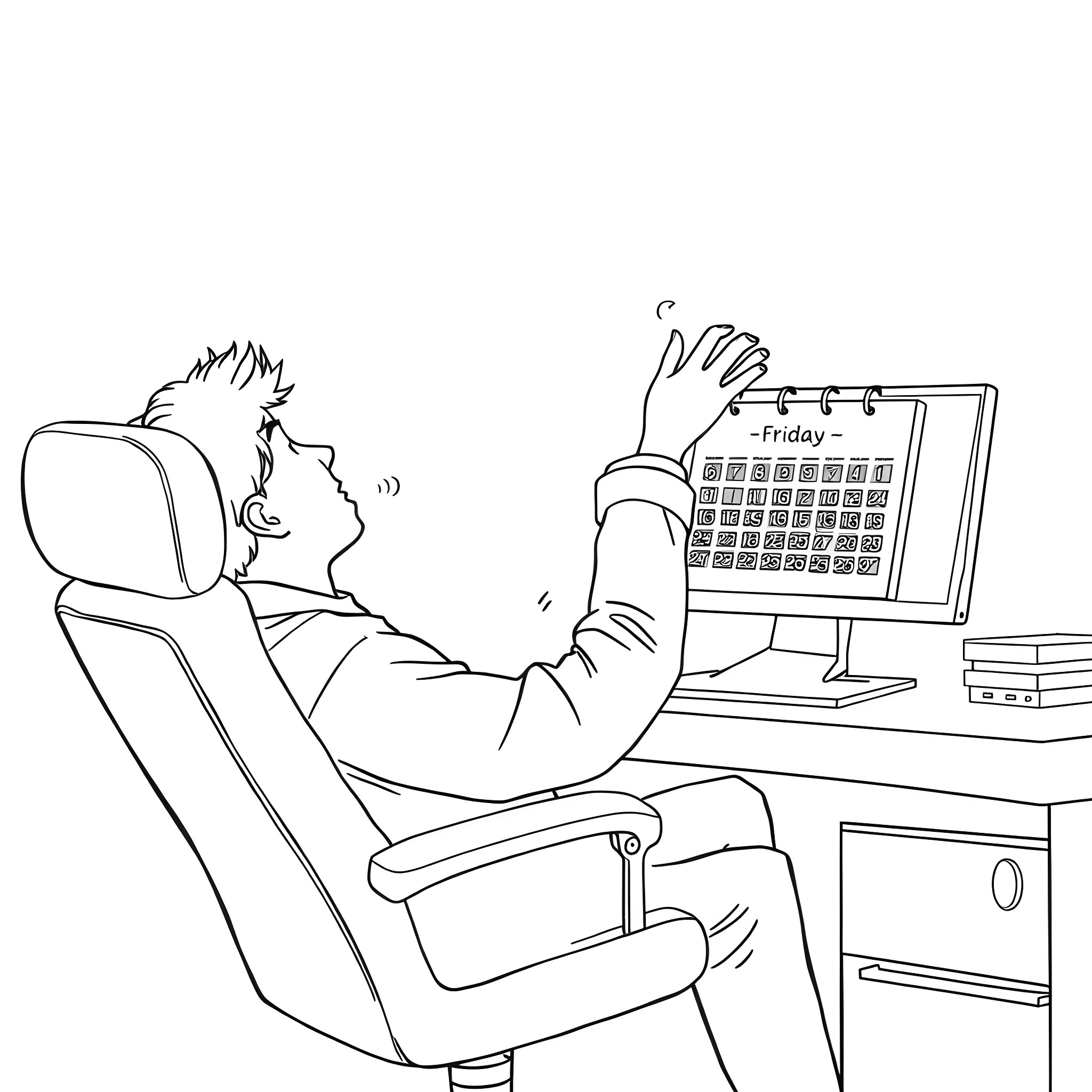 Self Working Late on Friday at Desk Coloring Page (free black-and-white line drawing printable PDF for all, from beginners to advanced learners, including children, teens, adults, and seniors)