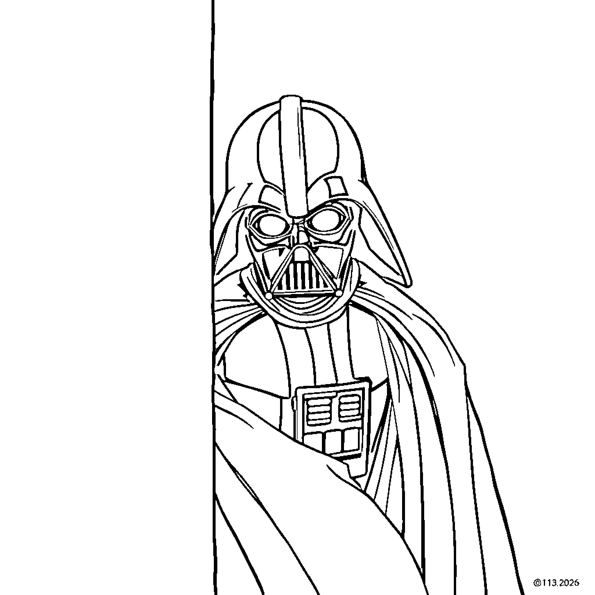 Dart Vader standing with lightsaber in hand Coloring Page (free black-and-white line drawing printable PDF for all, from beginners to advanced learners, including children, teens, adults, and seniors)