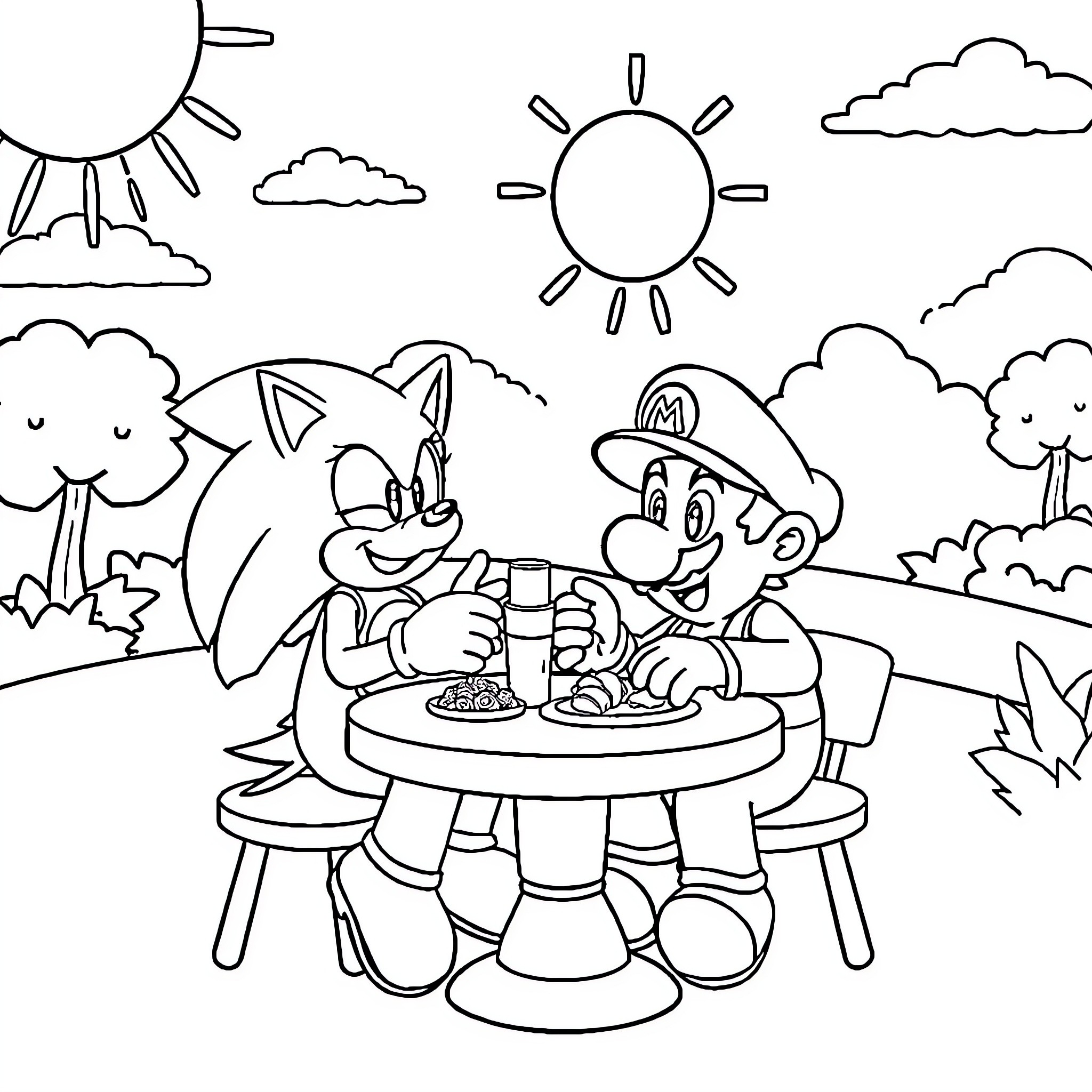 Mario and friend enjoying a picnic in the park Coloring Page (free black-and-white line drawing printable PDF for all, from beginners to advanced learners, including children, teens, adults, and seniors)