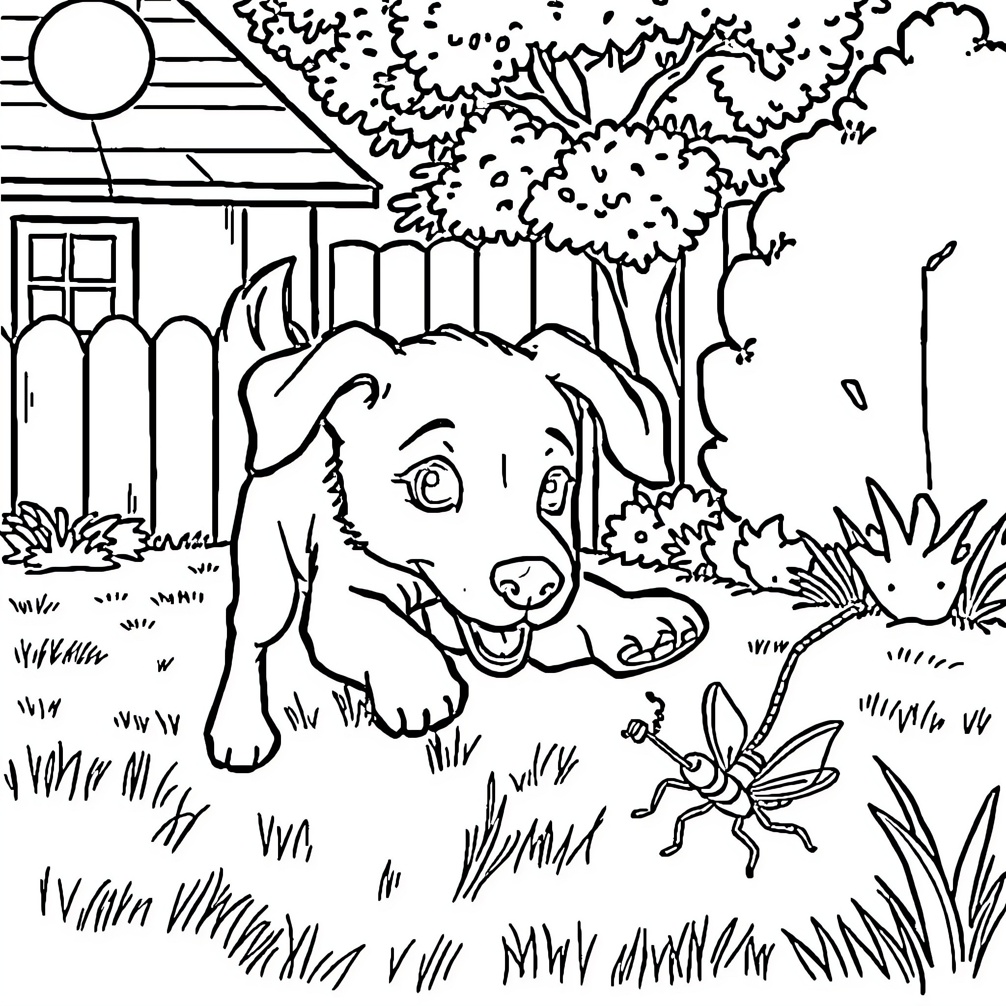 Dog exploring nature's wonders Coloring Page (free black-and-white line drawing printable PDF for all, from beginners to advanced learners, including children, teens, adults, and seniors)