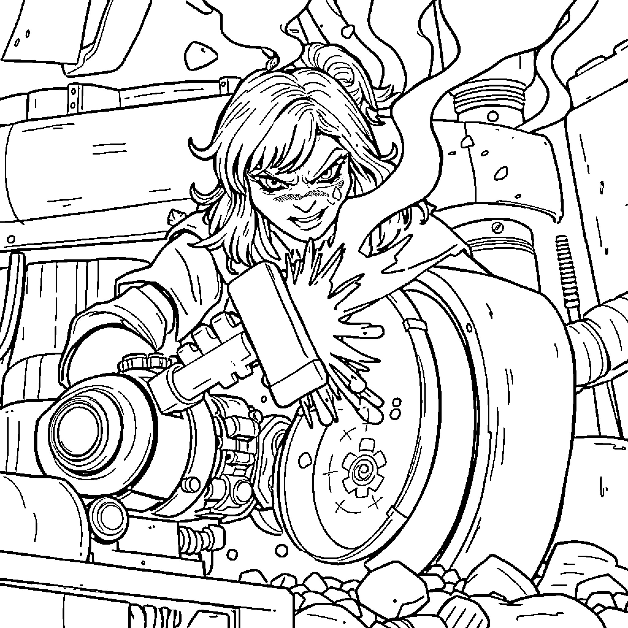 Samantha's Mechanical Marvels: Tinkering with Technology Coloring Page (free black-and-white line drawing printable PDF for all, from beginners to advanced learners, including children, teens, adults, and seniors)