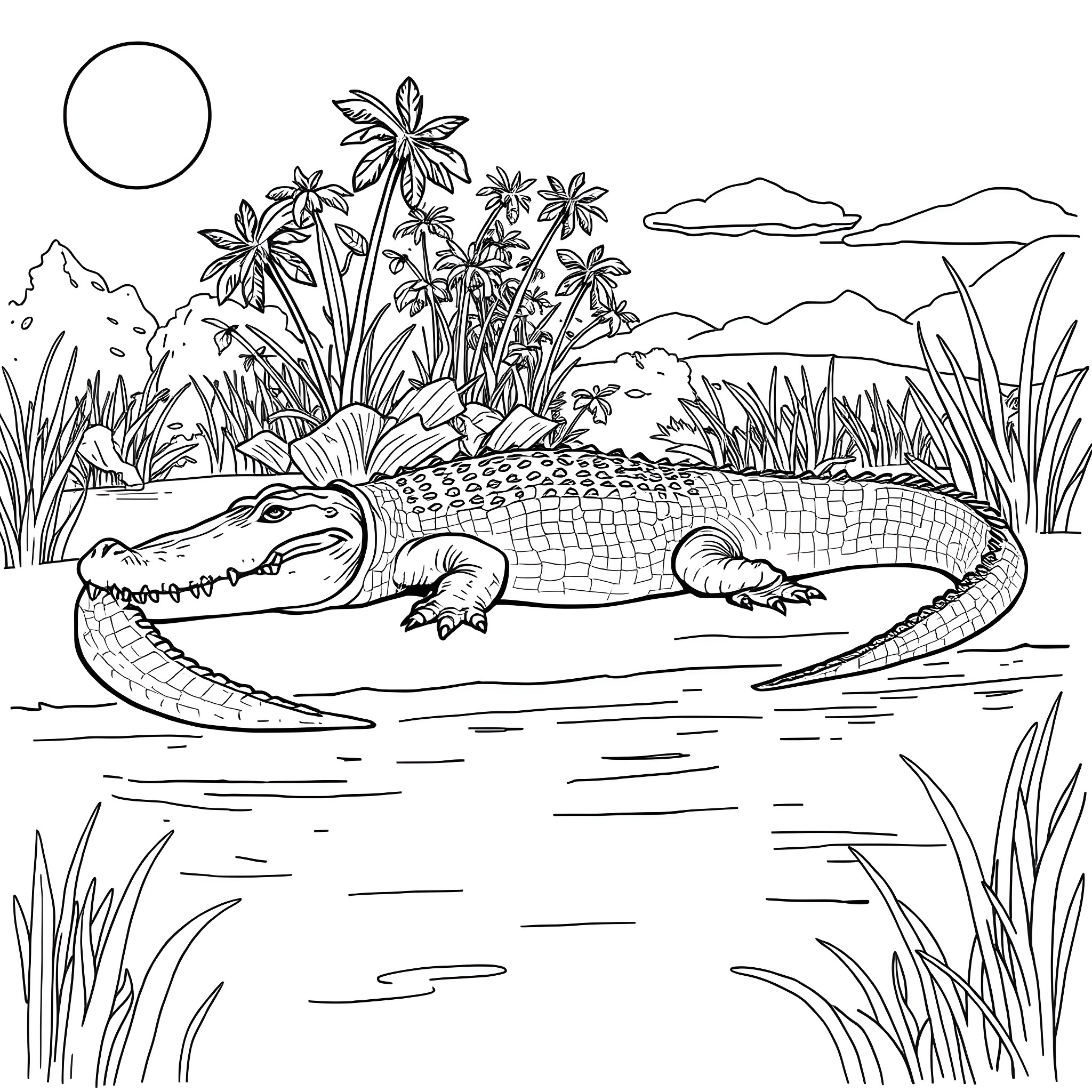 Crocodile relaxing in tropical wetland Coloring Page (free black-and-white line drawing printable PDF for all, from beginners to advanced learners, including children, teens, adults, and seniors)