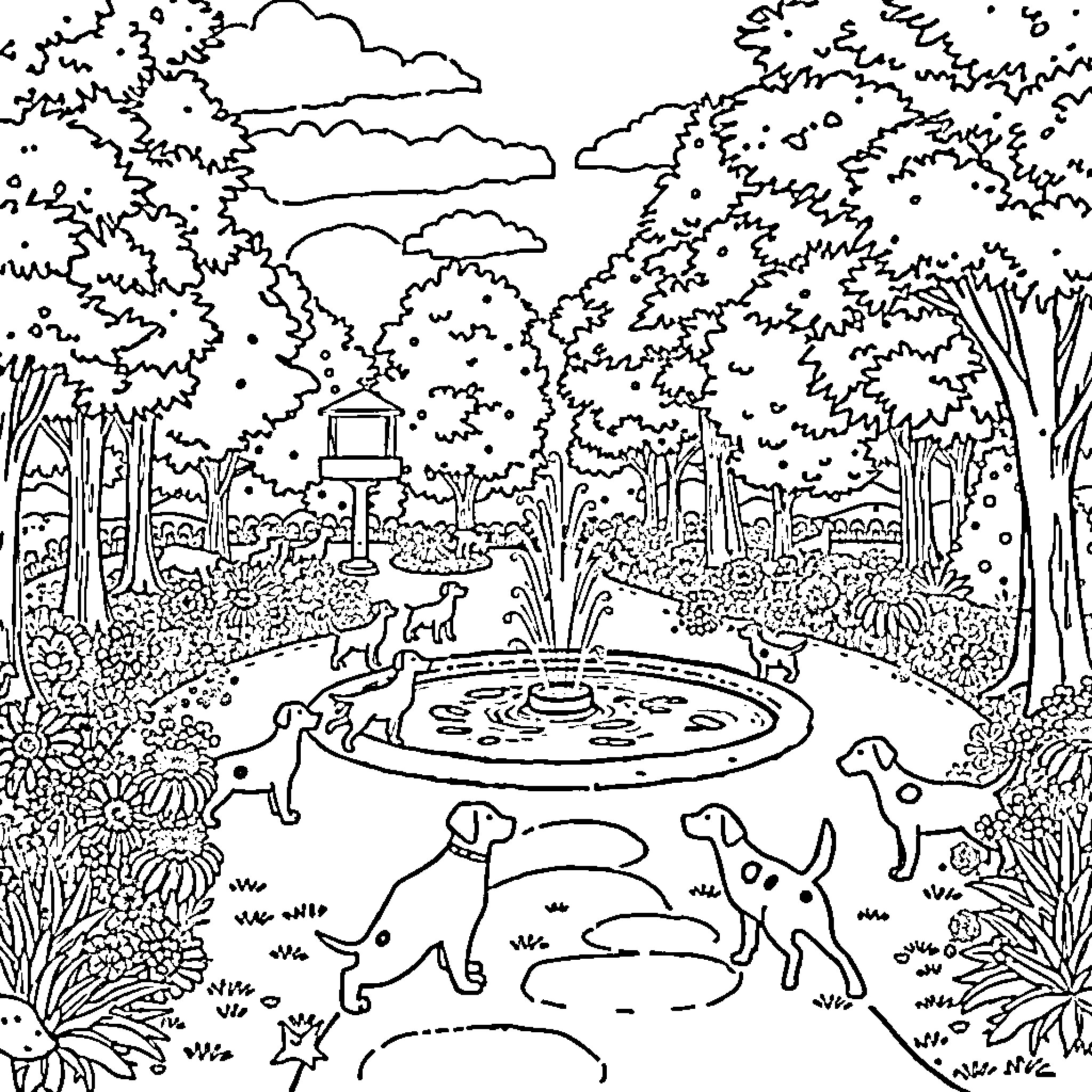 Dogs Enjoying a Serene Garden Scene Coloring Page (free black-and-white line drawing printable PDF for all, from beginners to advanced learners, including children, teens, adults, and seniors)