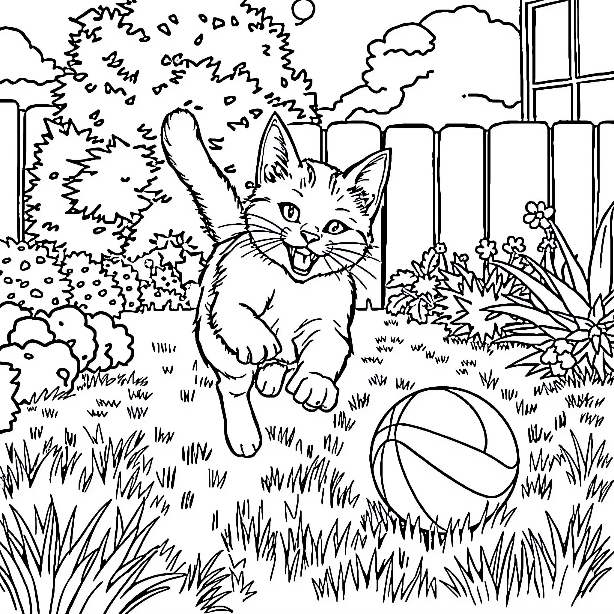 Cat playing with ball in the backyard Coloring Page (free black-and-white line drawing printable PDF for all, from beginners to advanced learners, including children, teens, adults, and seniors)