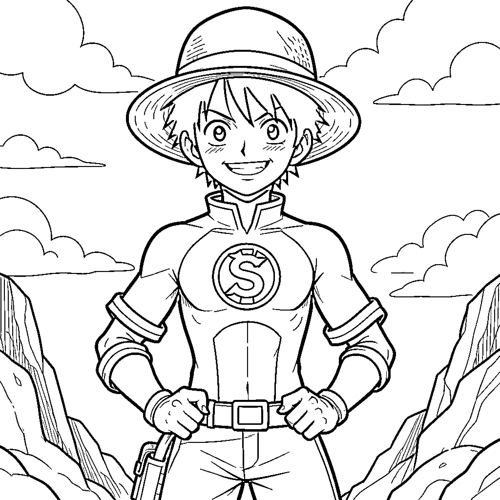 Luffy smiling confidently in an adventure outfit Coloring Page (free black-and-white line drawing printable PDF for all, from beginners to advanced learners, including children, teens, adults, and seniors)