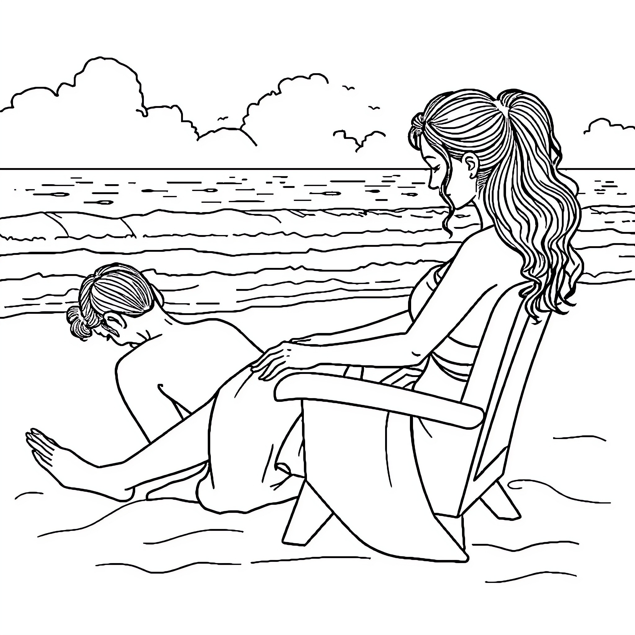 Woman relaxing by the serene beach Coloring Page (free black-and-white line drawing printable PDF for all, from beginners to advanced learners, including children, teens, adults, and seniors)