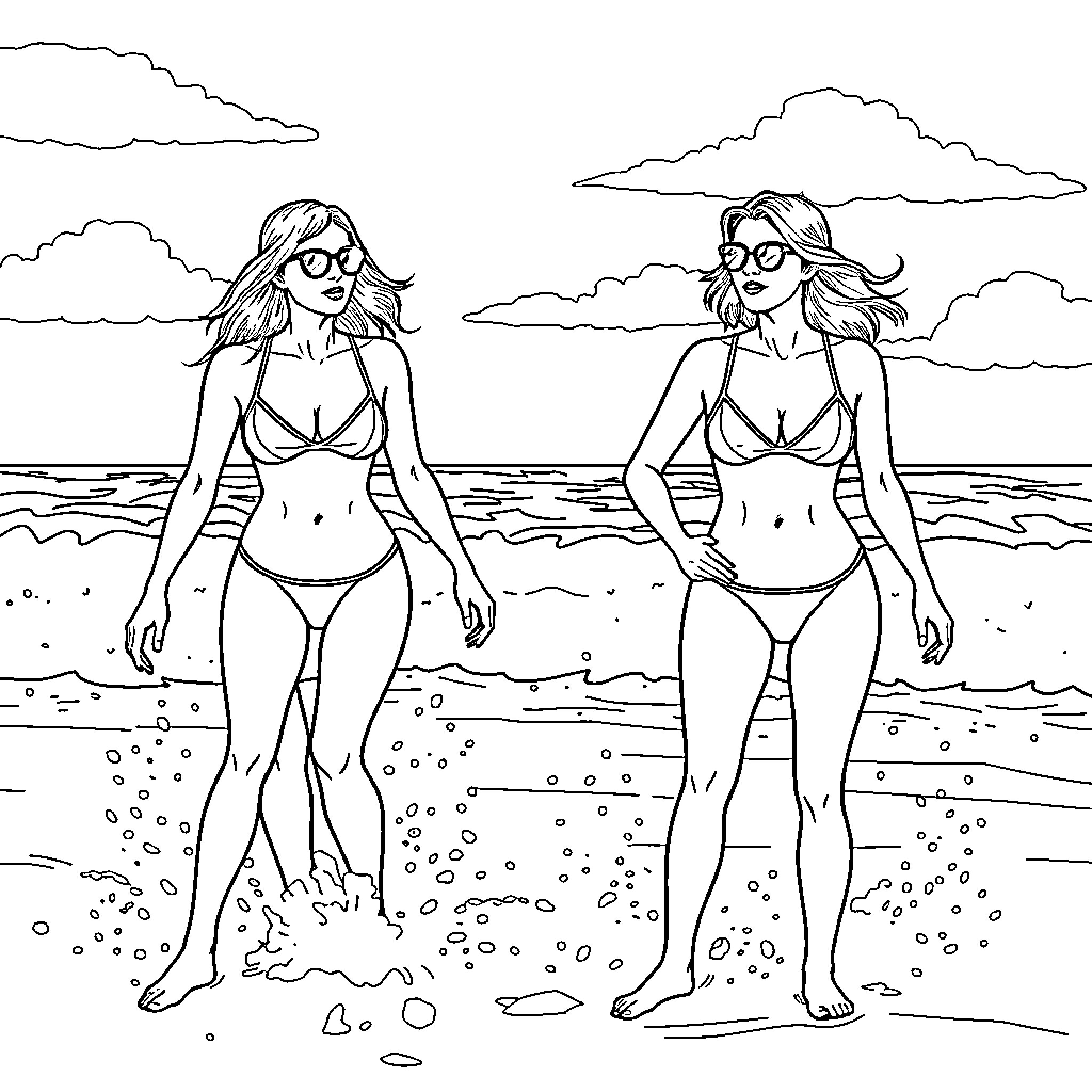 Women enjoying beach day together Coloring Page (free black-and-white line drawing printable PDF for all, from beginners to advanced learners, including children, teens, adults, and seniors)