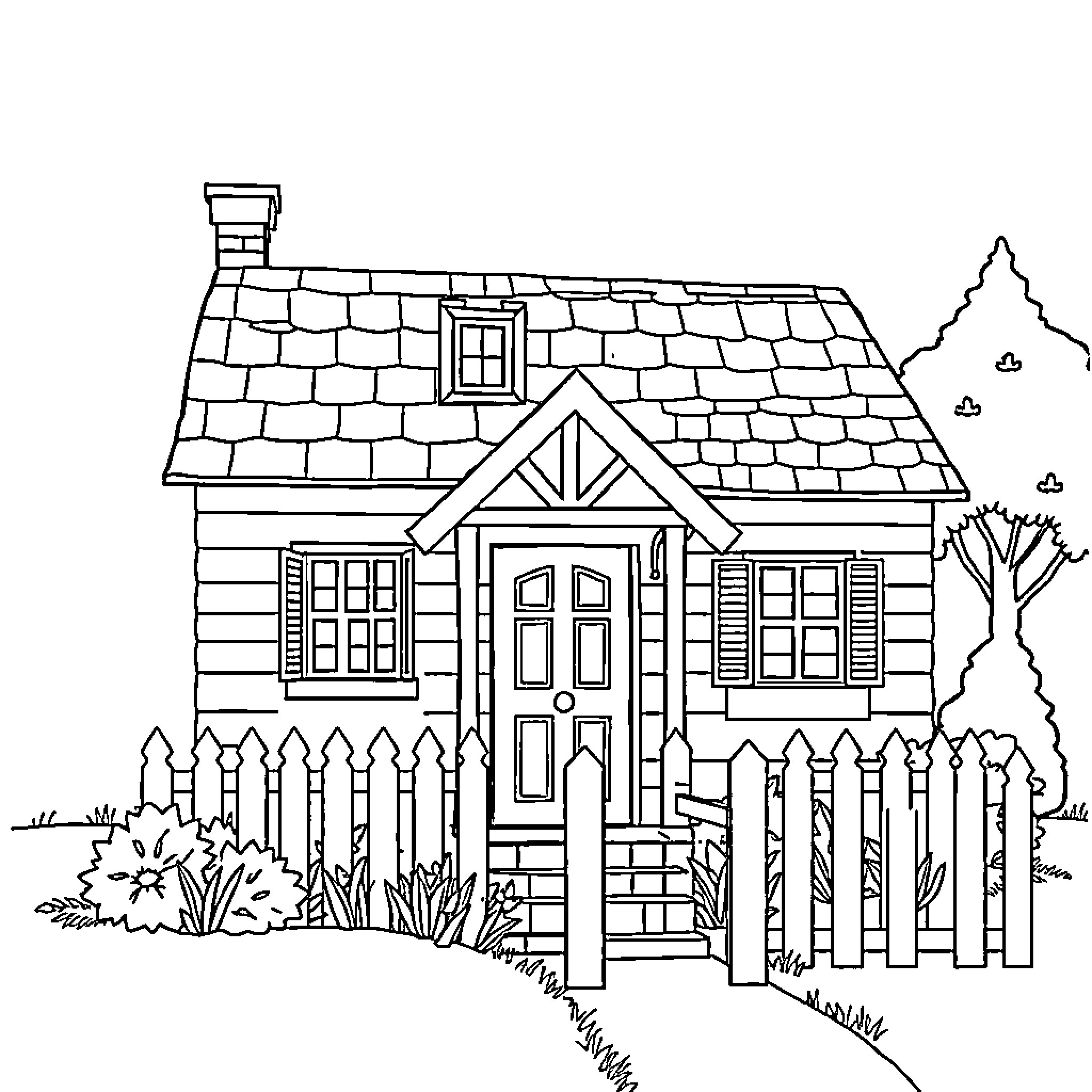 House with Detailed Architecture and Landscaping Coloring Page (free black-and-white line drawing printable PDF for all, from beginners to advanced learners, including children, teens, adults, and seniors)