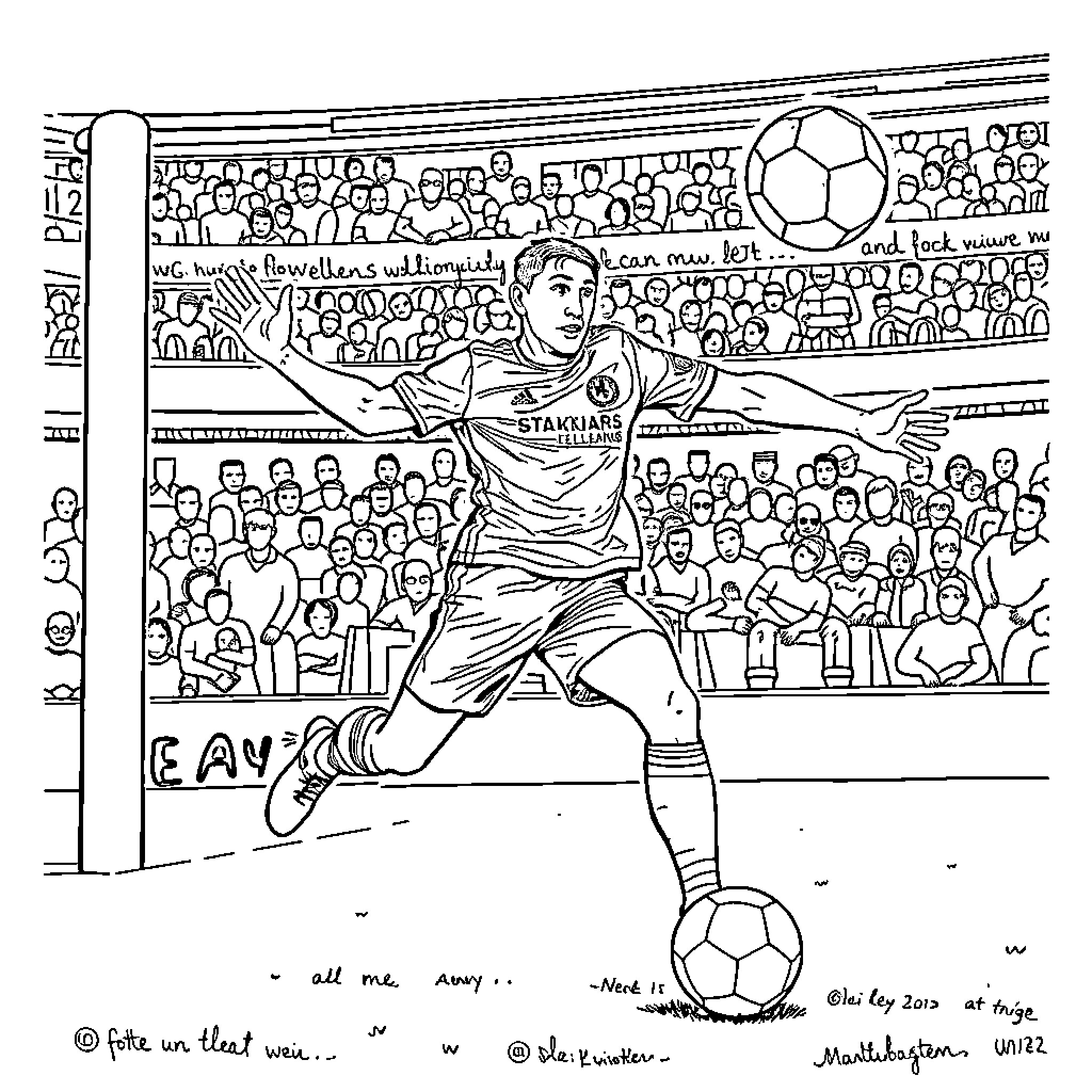 Benjamin Šeško playing soccer in a packed stadium Coloring Page (free black-and-white line drawing printable PDF for all, from beginners to advanced learners, including children, teens, adults, and seniors)