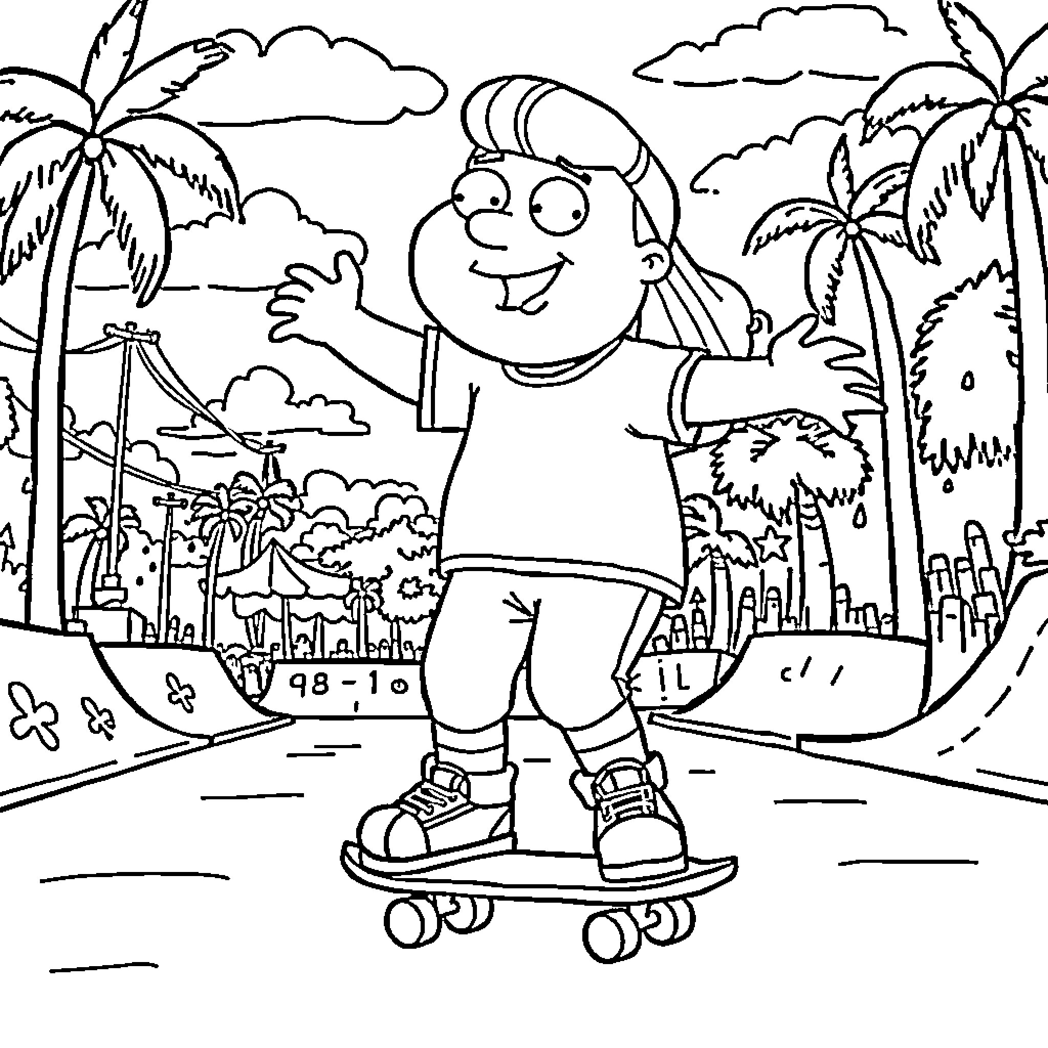 Stewie Griffin riding a skateboard in a tropical setting Coloring Page (free black-and-white line drawing printable PDF for all, from beginners to advanced learners, including children, teens, adults, and seniors)