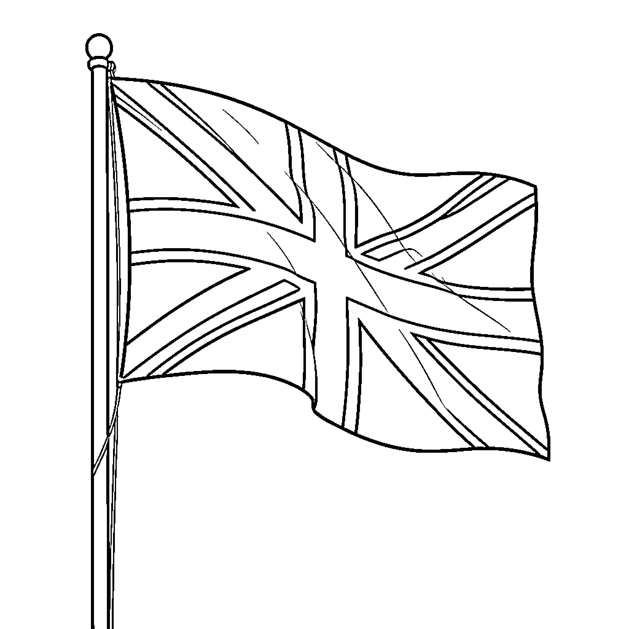 United Kingdom Flag waving on a flagpole Coloring Page (free black-and-white line drawing printable PDF for all, from beginners to advanced learners, including children, teens, adults, and seniors)