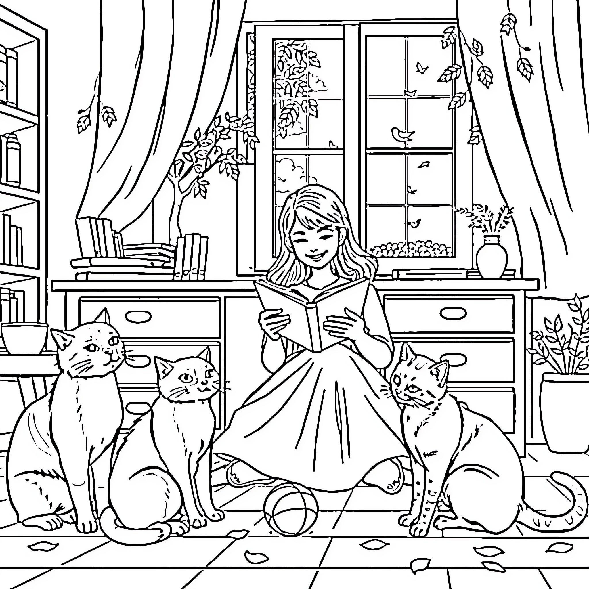 Woman reading book with cats in cozy room Coloring Page (free black-and-white line drawing printable PDF for all, from beginners to advanced learners, including children, teens, adults, and seniors)