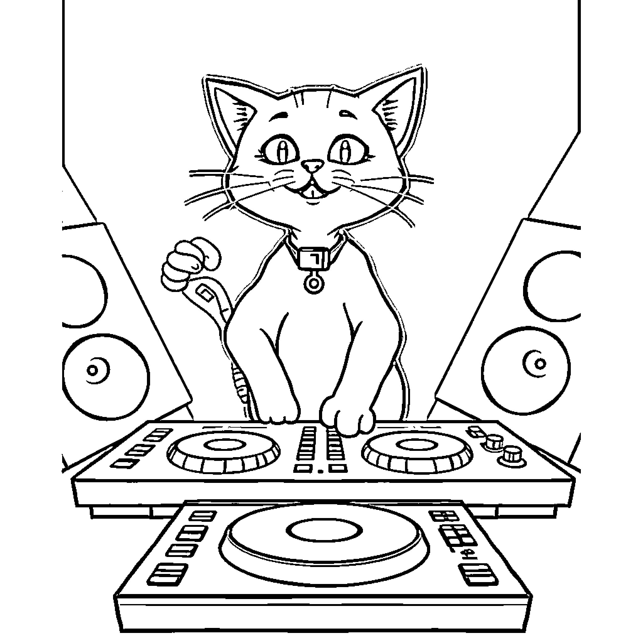 Cat DJ spinning records on mixing console Coloring Page (free black-and-white line drawing printable PDF for all, from beginners to advanced learners, including children, teens, adults, and seniors)