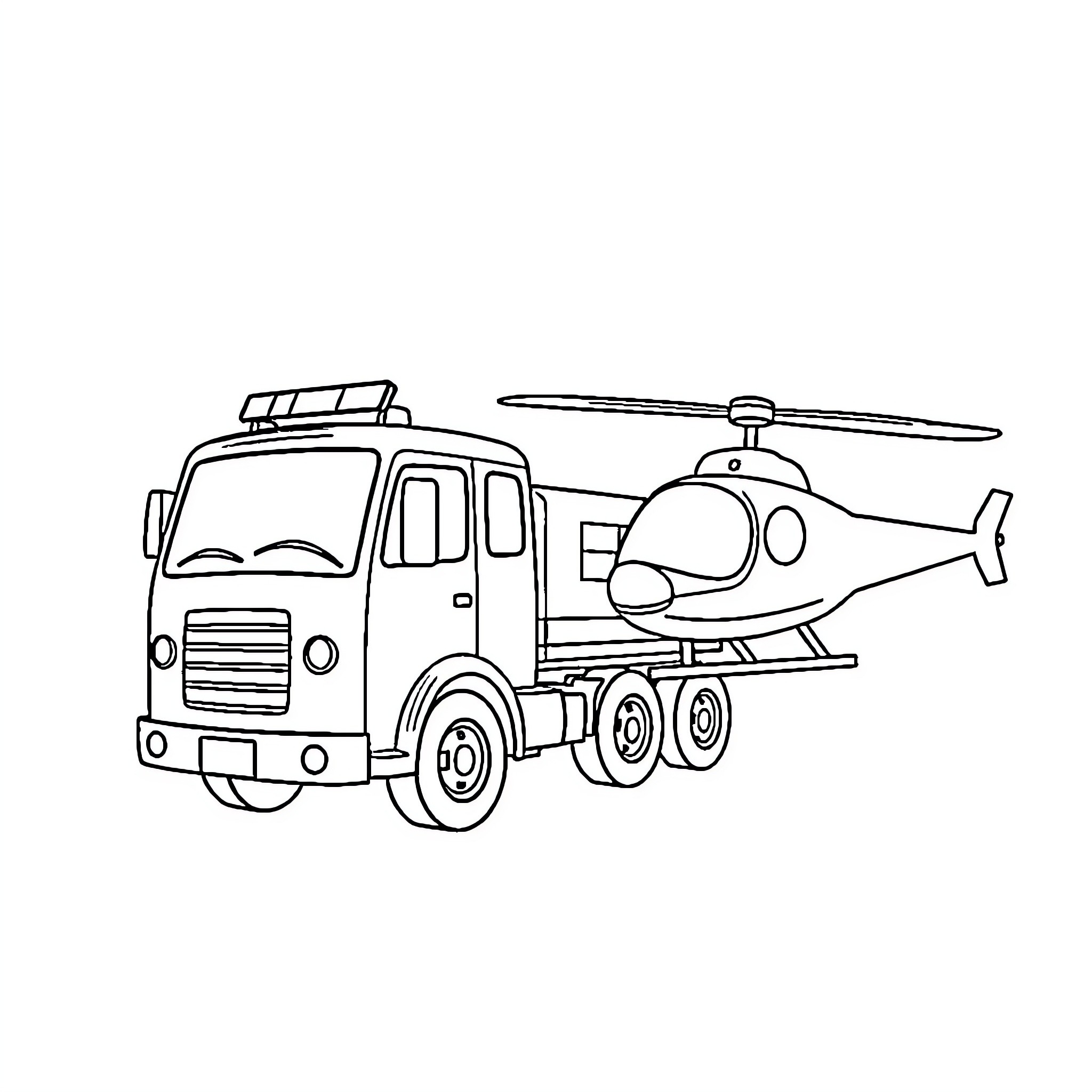 Fire Truck Carrying Helicopter for Emergency Response Coloring Page (free black-and-white line drawing printable PDF for all, from beginners to advanced learners, including children, teens, adults, and seniors)