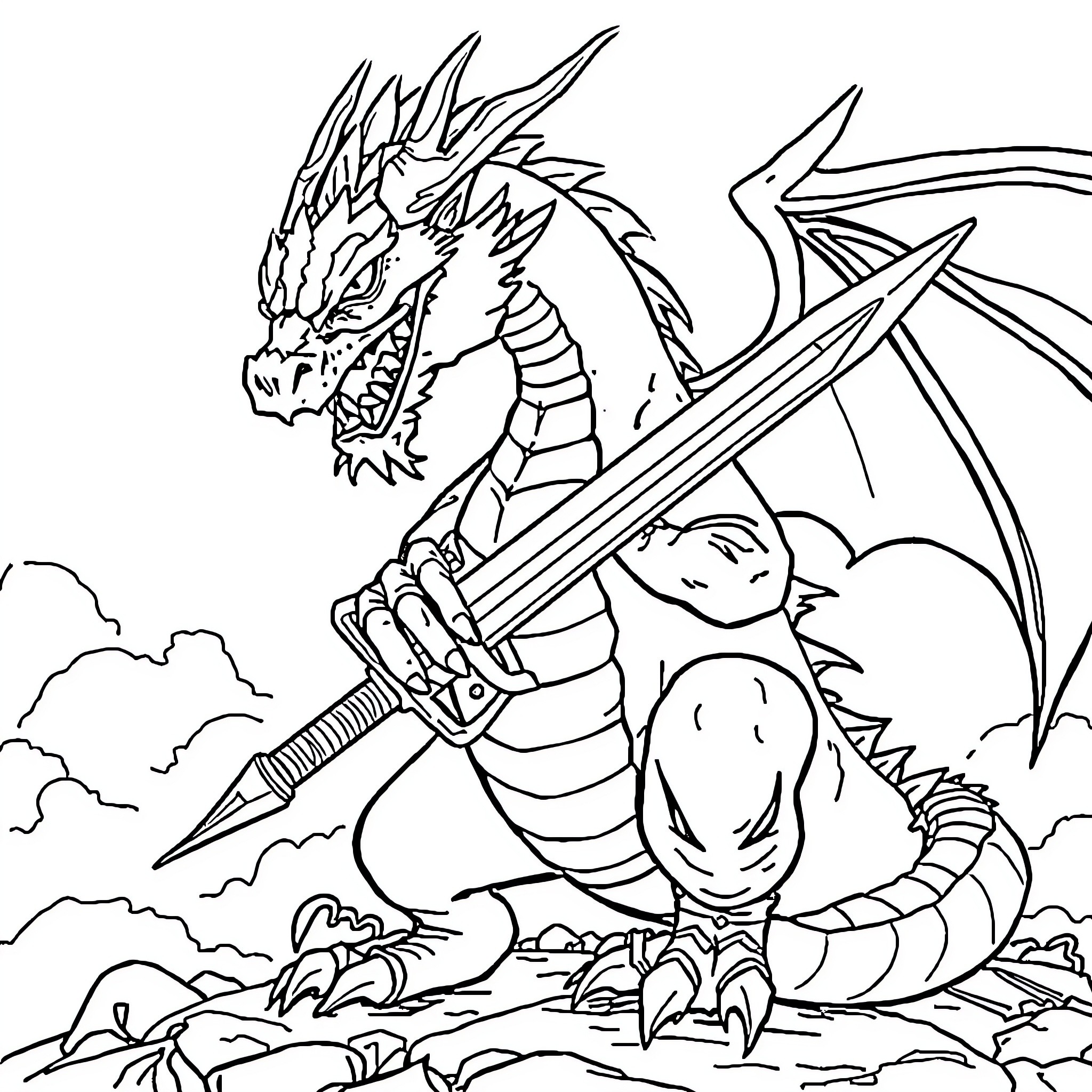 Dragon warrior wielding a sword in a fierce battle Coloring Page (free black-and-white line drawing printable PDF for all, from beginners to advanced learners, including children, teens, adults, and seniors)