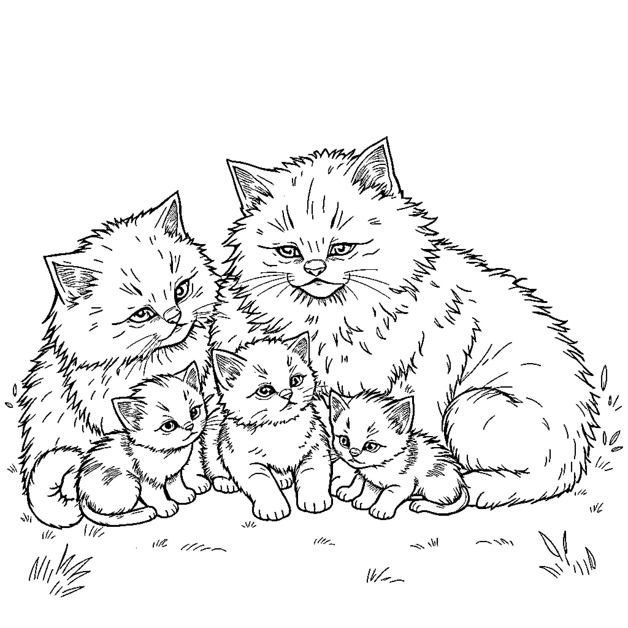 Cat family relaxing together Coloring Page (free black-and-white line drawing printable PDF for all, from beginners to advanced learners, including children, teens, adults, and seniors)