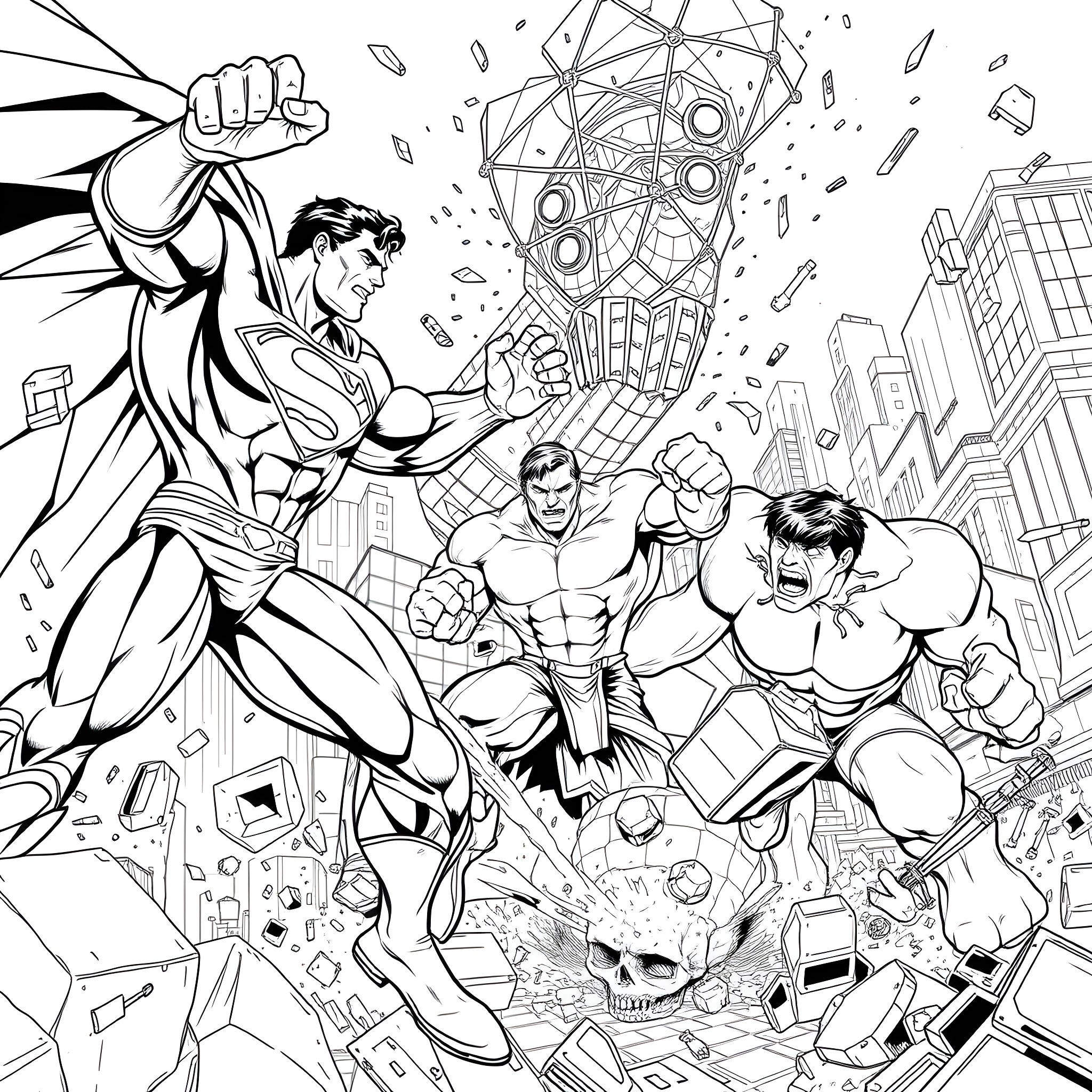 Superman and superhero friends battling in the city Coloring Page (free black-and-white line drawing printable PDF for all, from beginners to advanced learners, including children, teens, adults, and seniors)