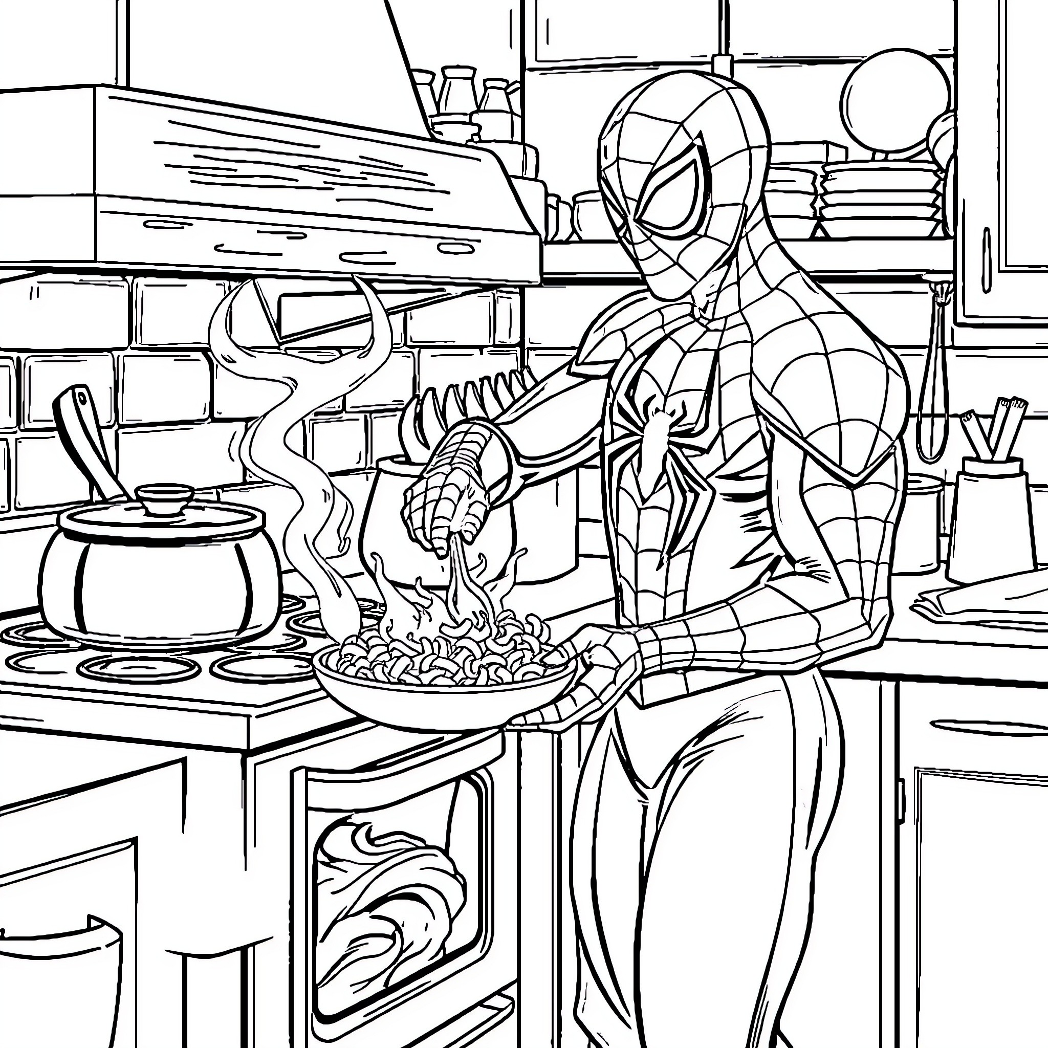 Spider-Man Cooking in the Kitchen Coloring Page (free black-and-white line drawing printable PDF for all, from beginners to advanced learners, including children, teens, adults, and seniors)