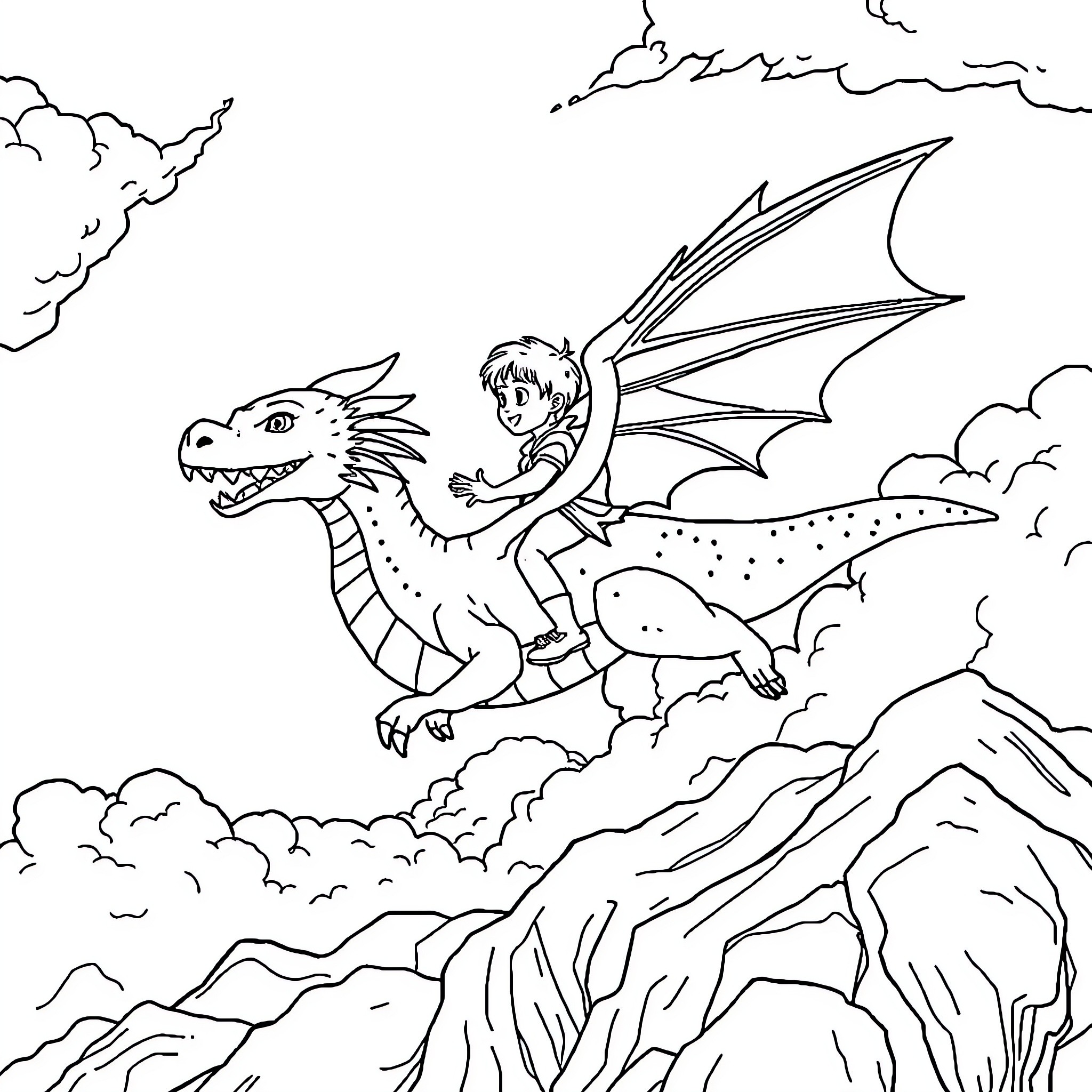 Boy riding a dragon above the clouds Coloring Page (free black-and-white line drawing printable PDF for all, from beginners to advanced learners, including children, teens, adults, and seniors)