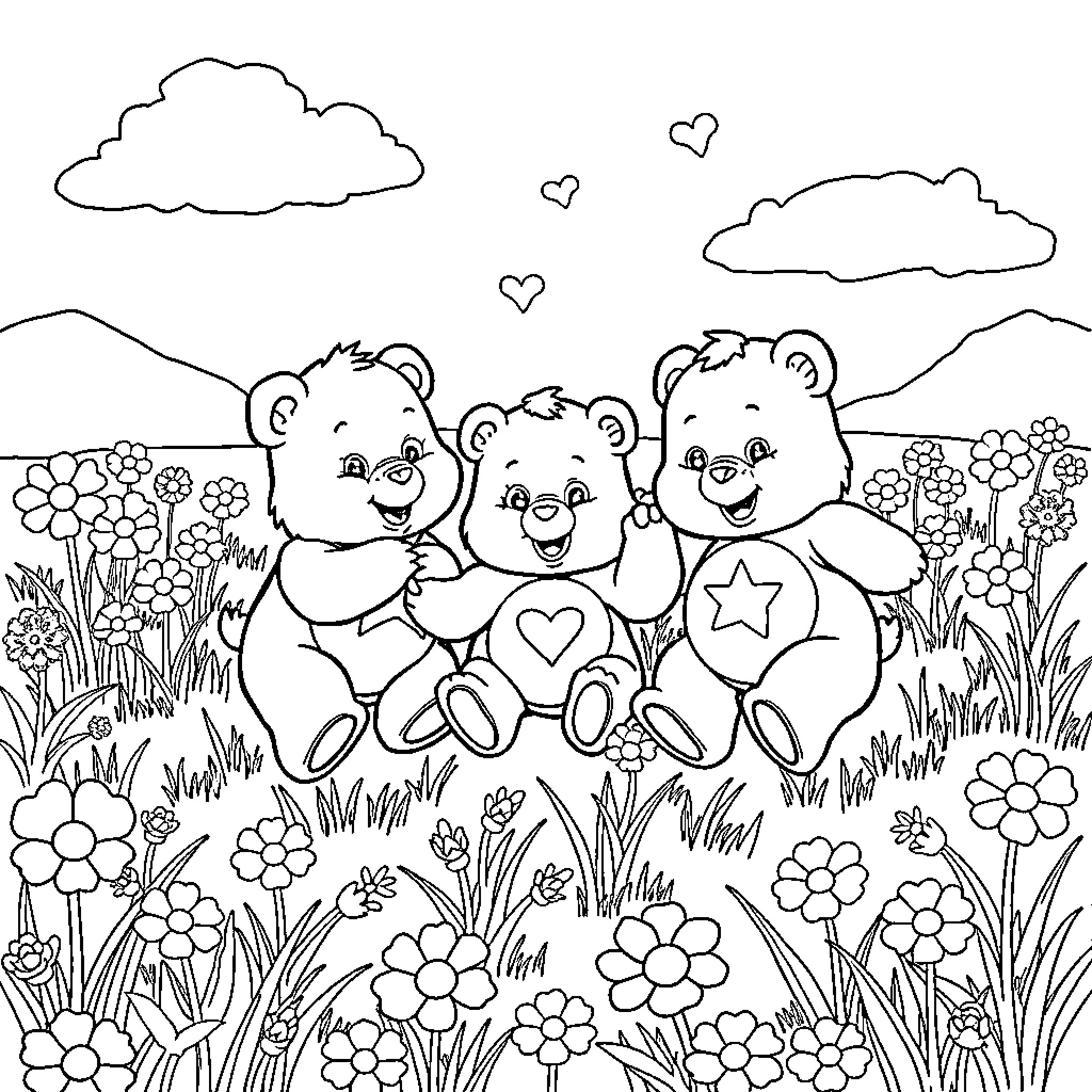 Carebear friends enjoying a flower-filled meadow Coloring Page (free black-and-white line drawing printable PDF for all, from beginners to advanced learners, including children, teens, adults, and seniors)