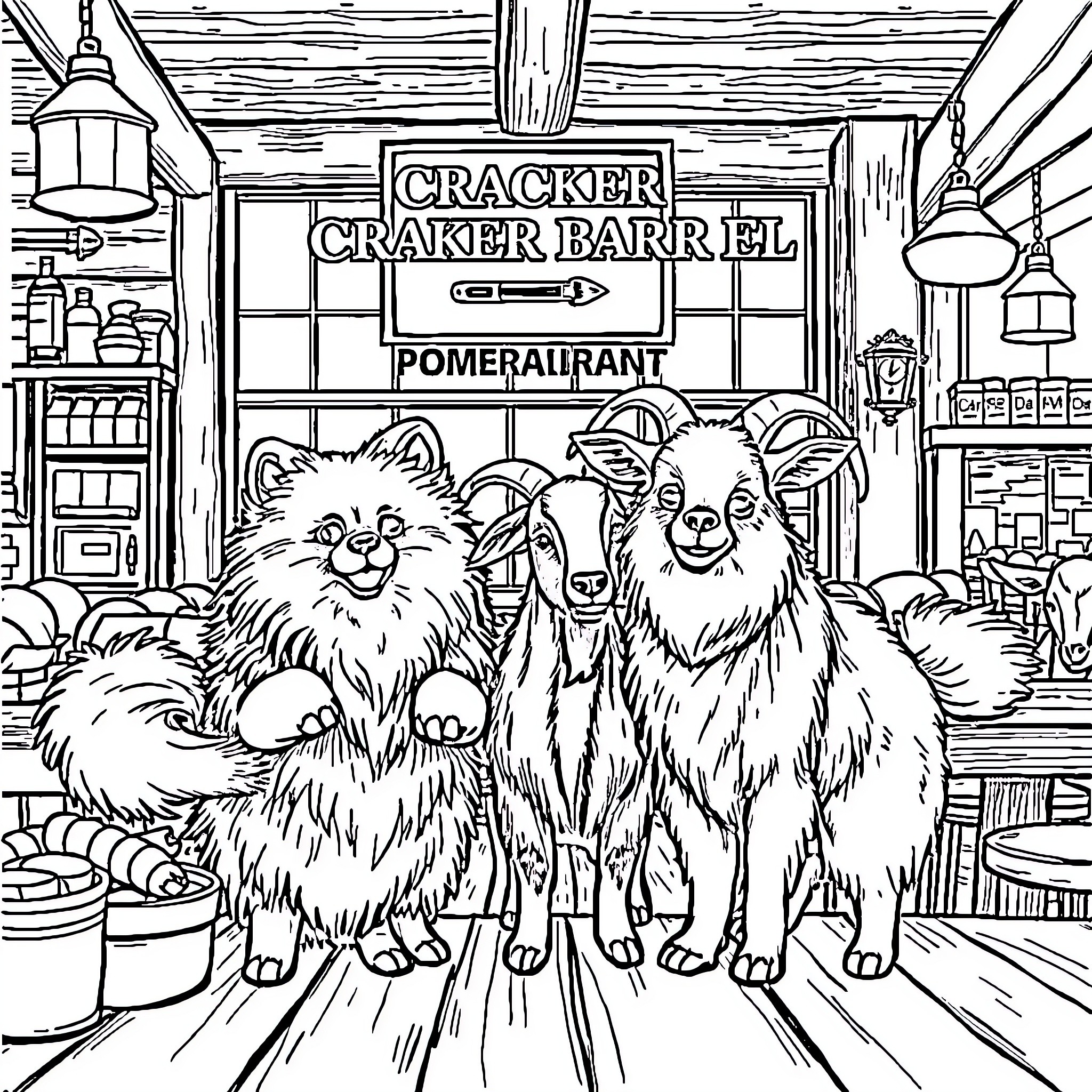 Pomeranian Dogs Explore Cracker Barrel Store Coloring Page (free black-and-white line drawing printable PDF for all, from beginners to advanced learners, including children, teens, adults, and seniors)