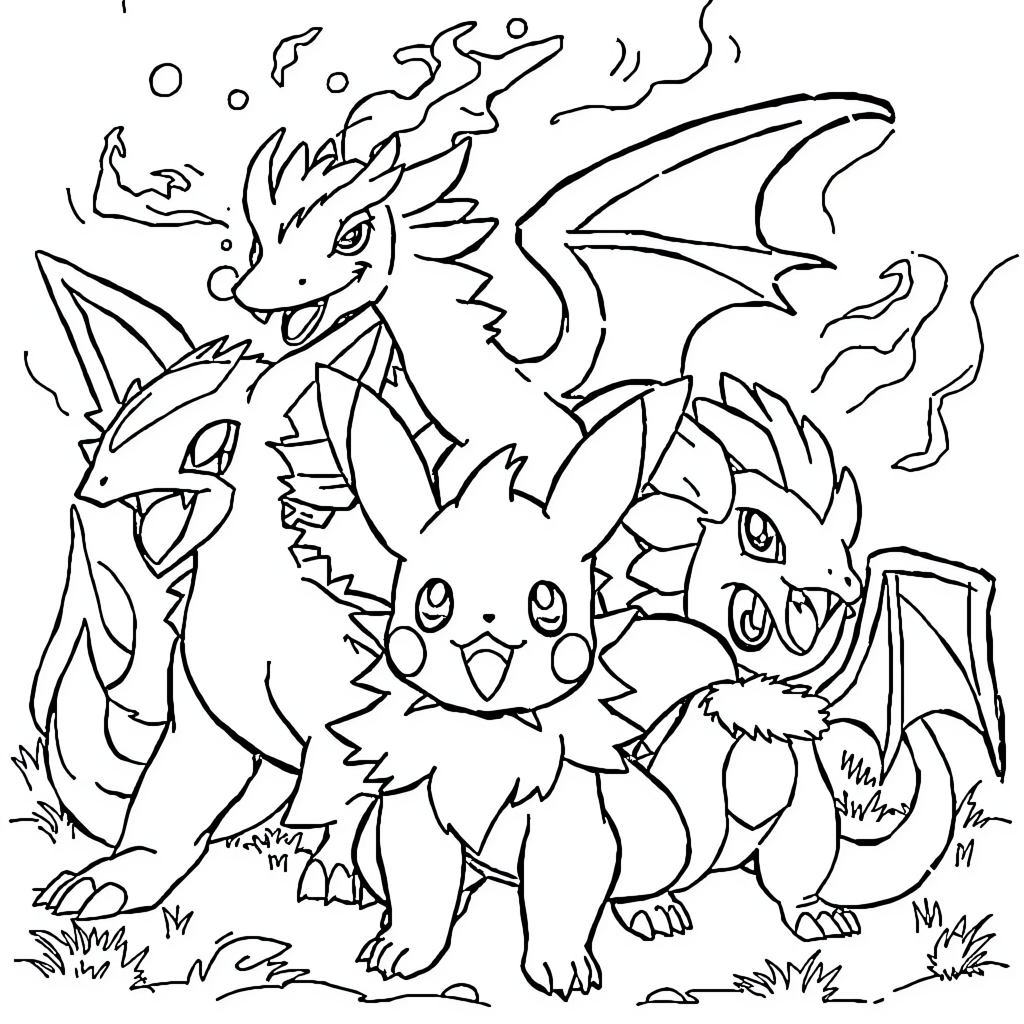 Pokémon family enjoying nature's beauty Coloring Page (free black-and-white line drawing printable PDF for all, from beginners to advanced learners, including children, teens, adults, and seniors)