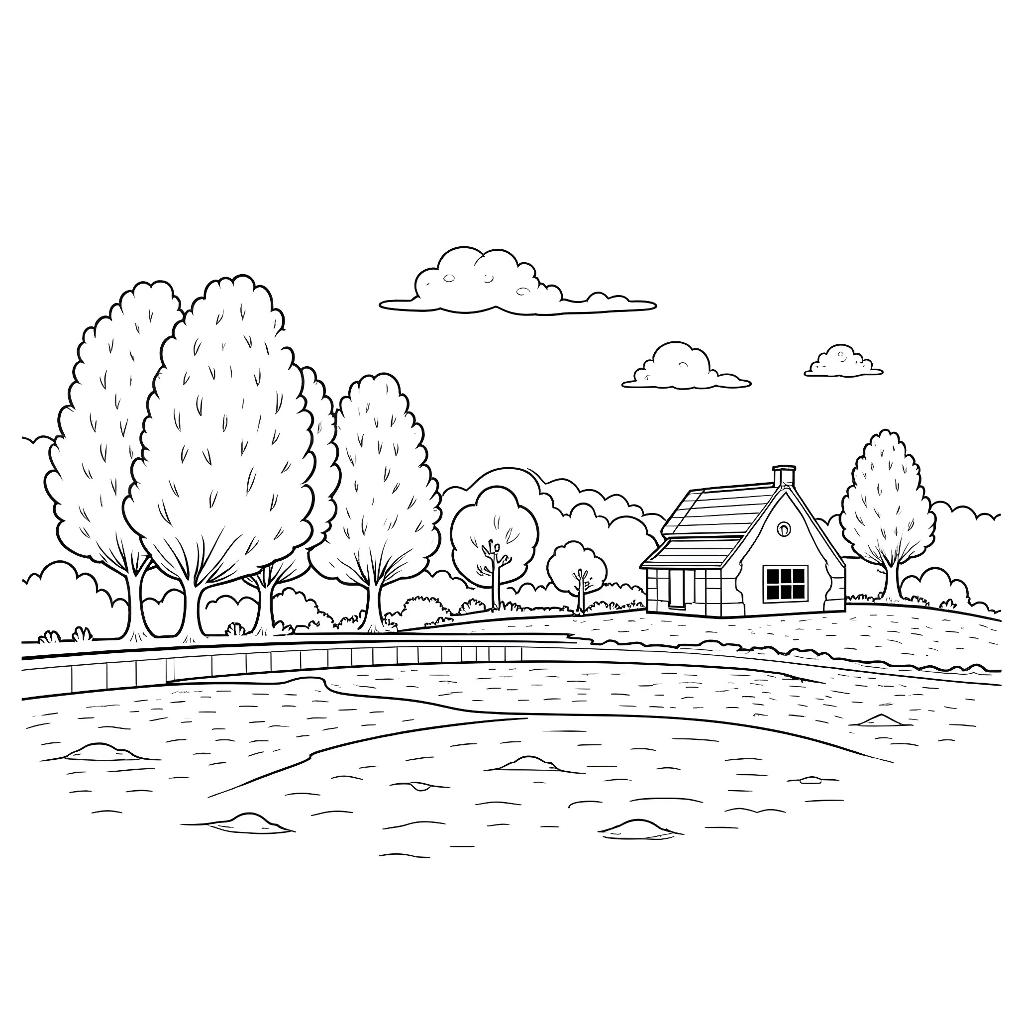 House with Scenic Landscape Coloring Page (free black-and-white line drawing printable PDF for all, from beginners to advanced learners, including children, teens, adults, and seniors)