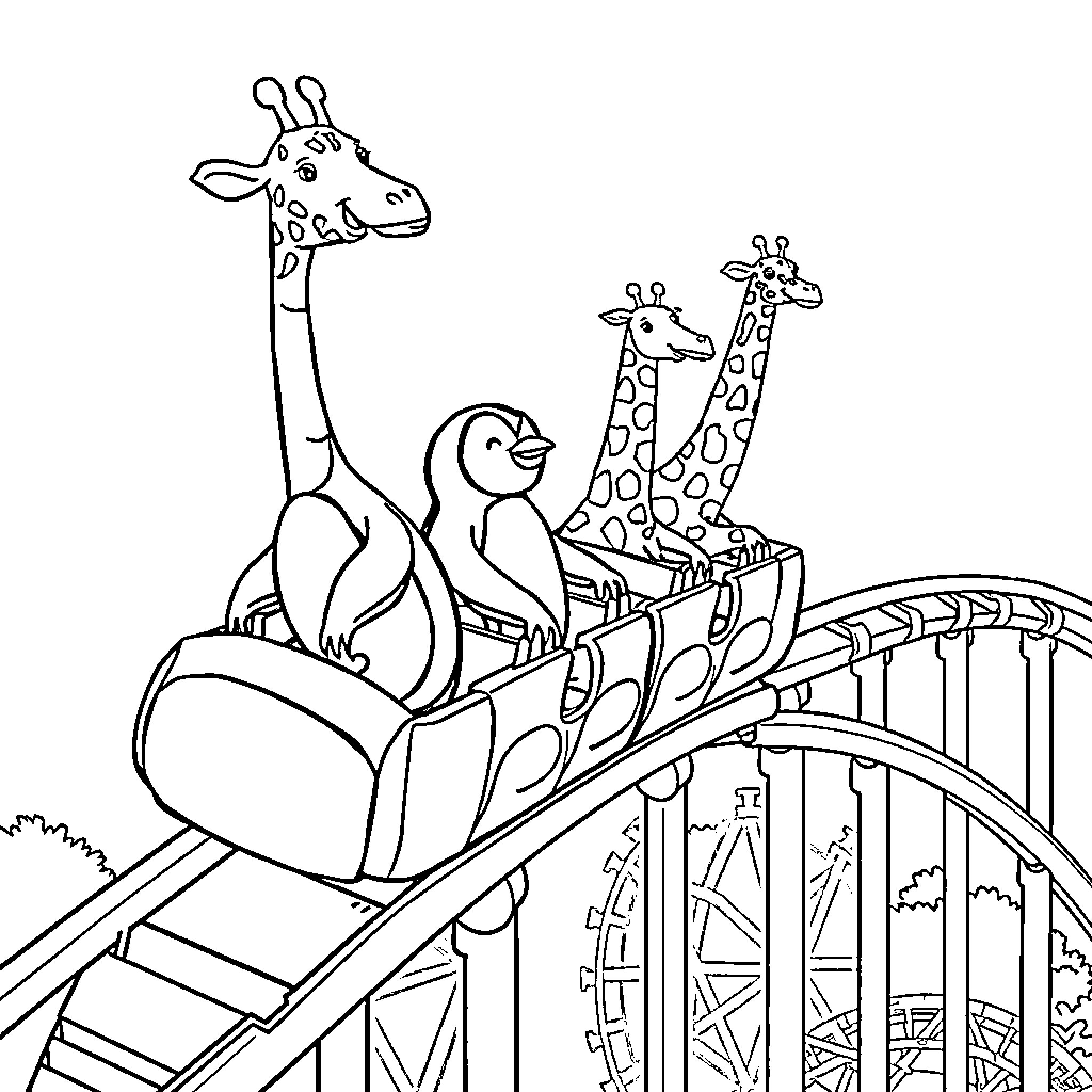 Penguins and giraffes riding roller coaster together Coloring Page (free black-and-white line drawing printable PDF for all, from beginners to advanced learners, including children, teens, adults, and seniors)