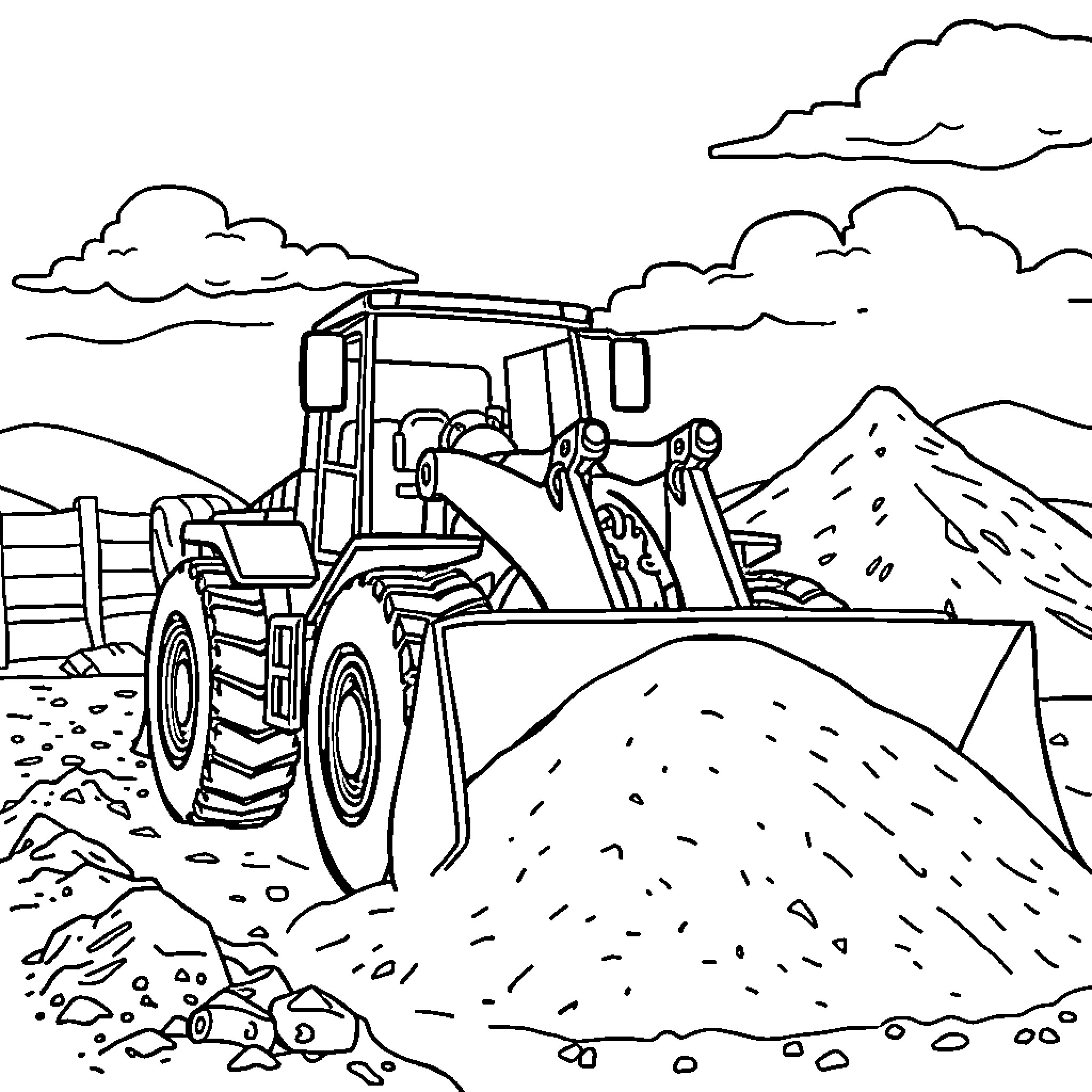 Front Loader Digging and Moving Earth on a Construction Site Coloring Page (free black-and-white line drawing printable PDF for all, from beginners to advanced learners, including children, teens, adults, and seniors)